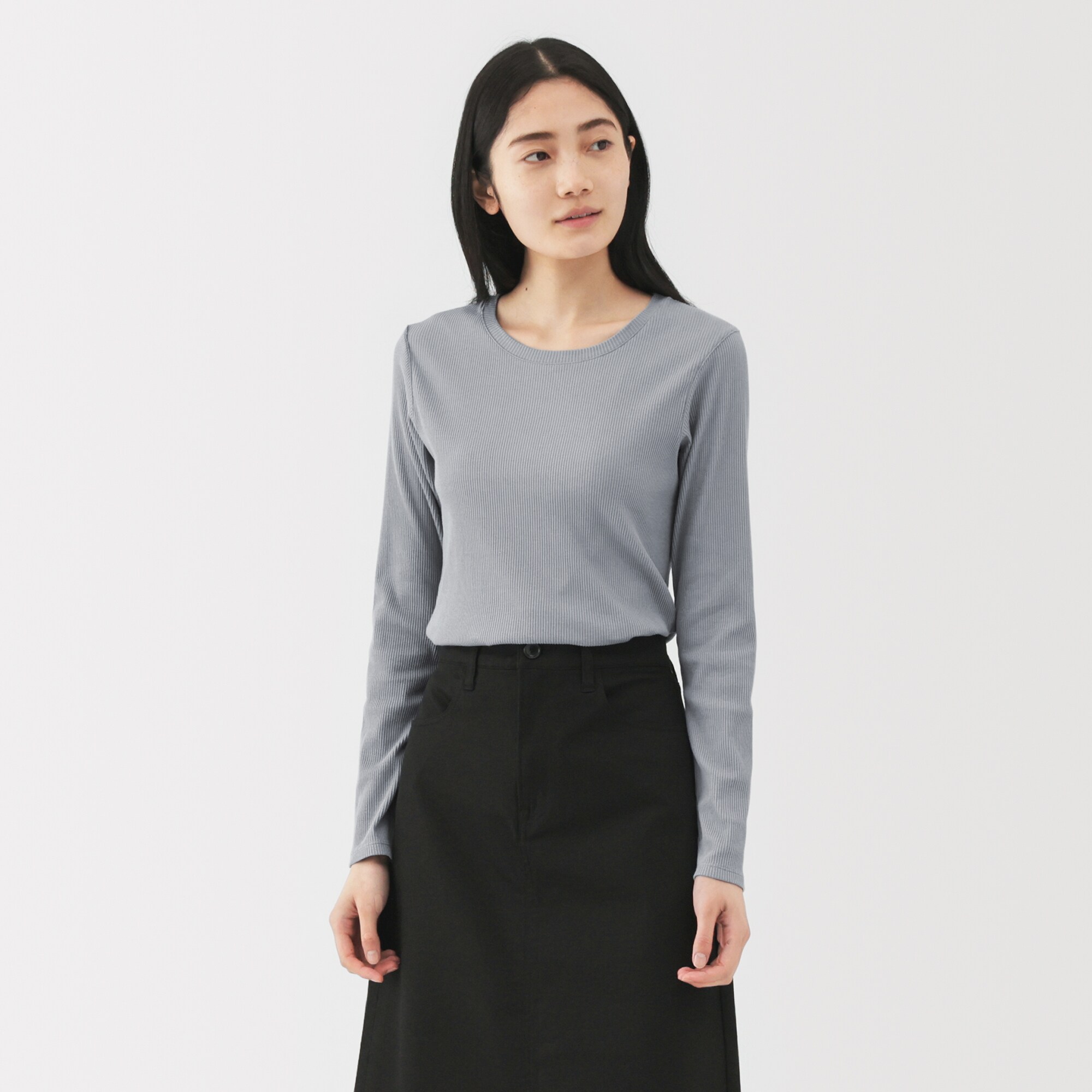 婦人　なめらかリブ編みクルーネック長袖Ｔシャツ