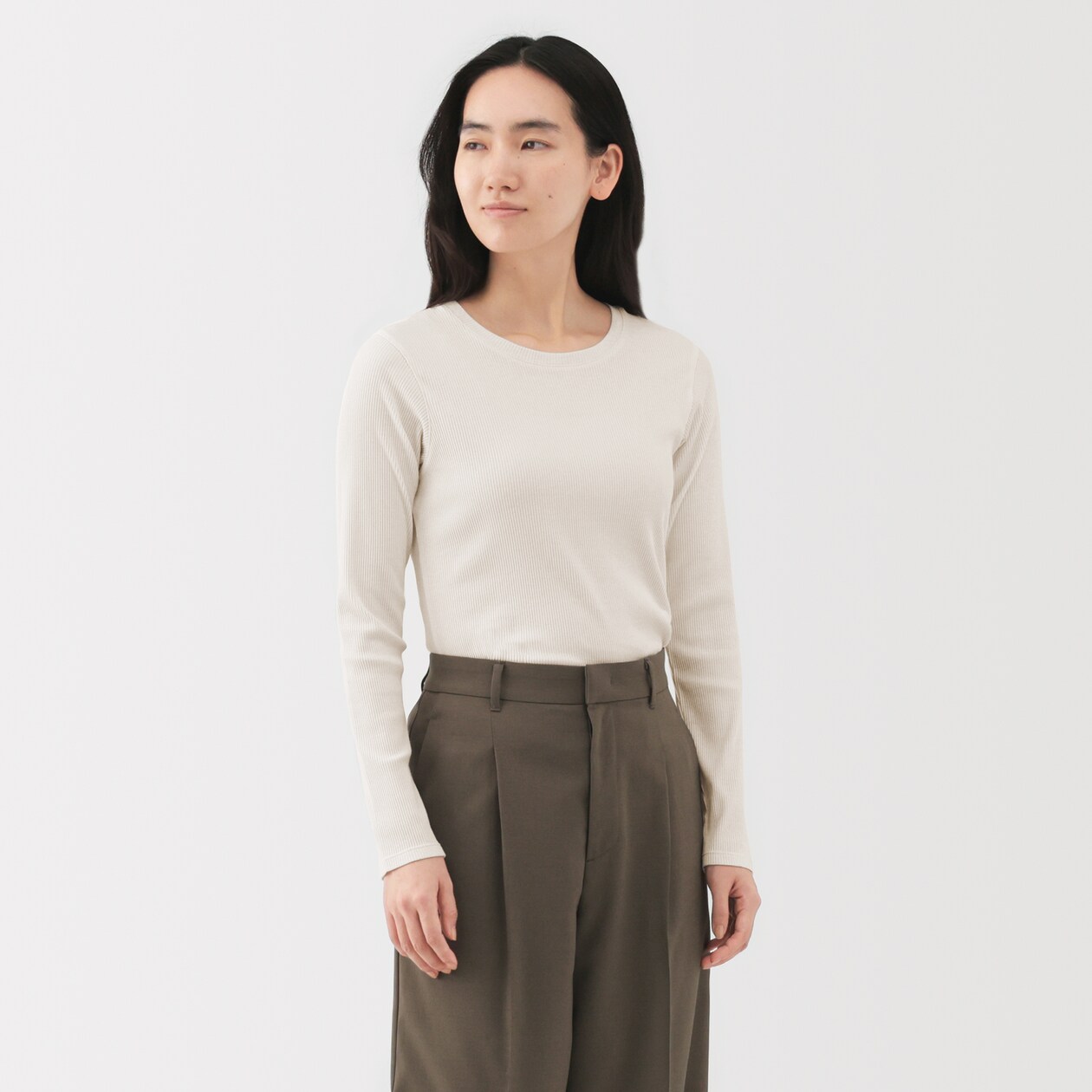 婦人　なめらかリブ編みクルーネック長袖Ｔシャツ