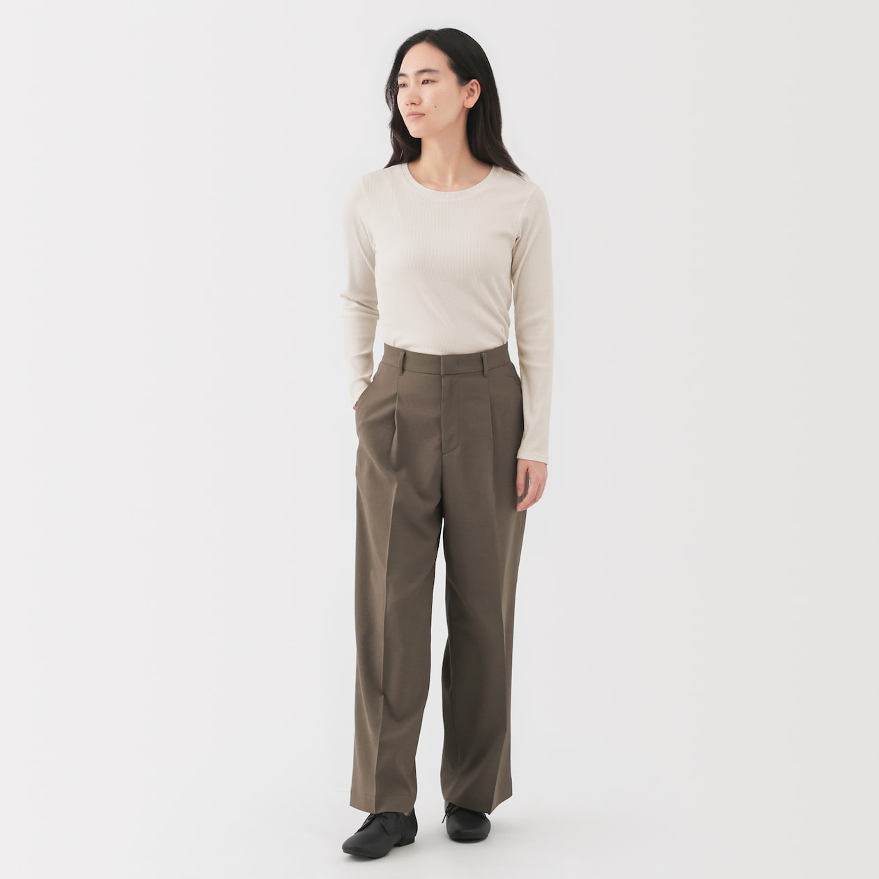 婦人　なめらかリブ編みクルーネック長袖Ｔシャツ