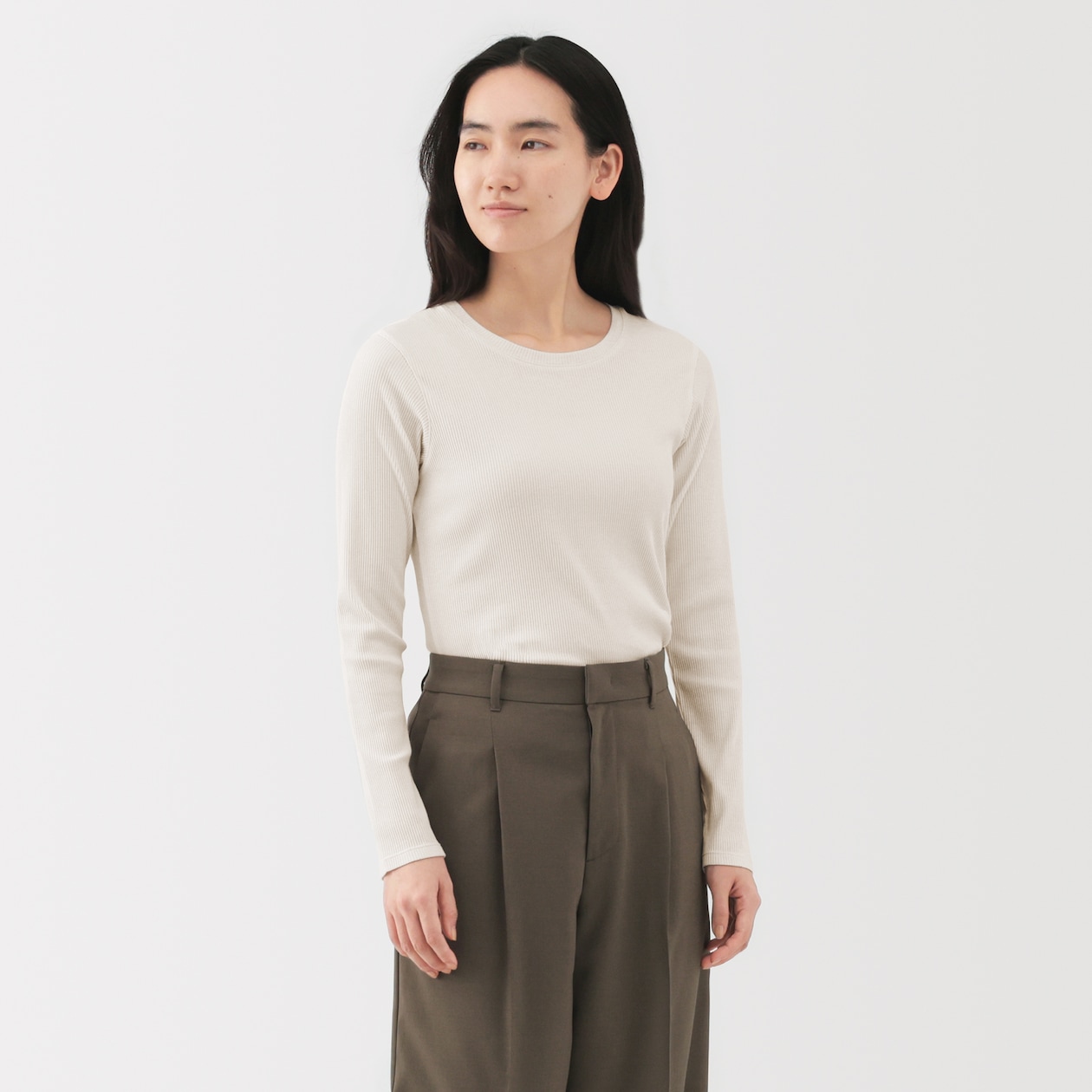 婦人　なめらかリブ編みクルーネック長袖Ｔシャツ