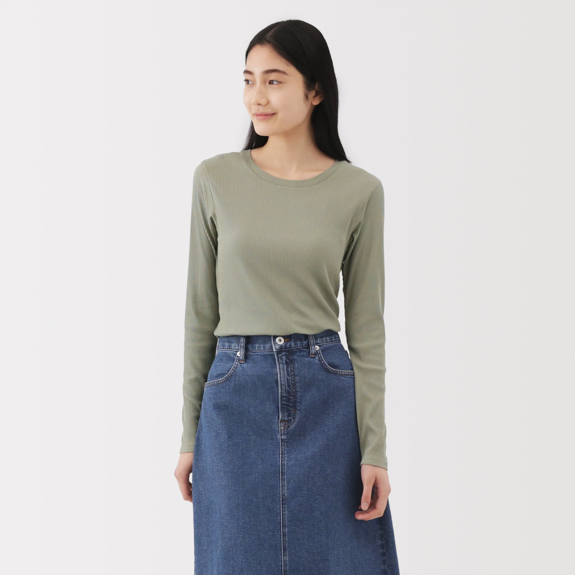 婦人　なめらかリブ編みクルーネック長袖Ｔシャツ