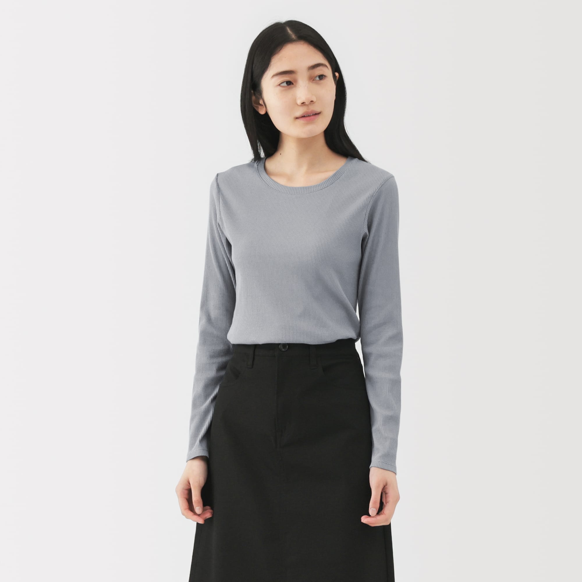 婦人　なめらかリブ編みクルーネック長袖Ｔシャツ