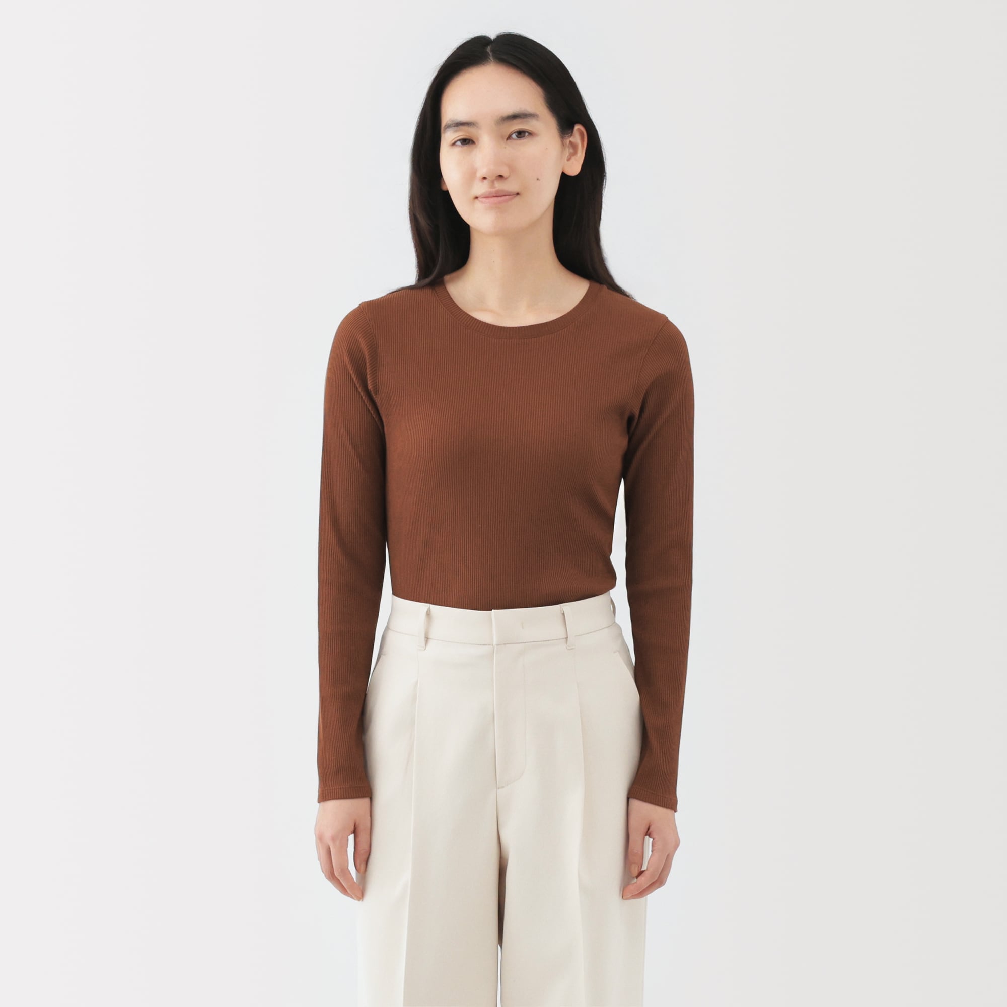婦人　なめらかリブ編みクルーネック長袖Ｔシャツ