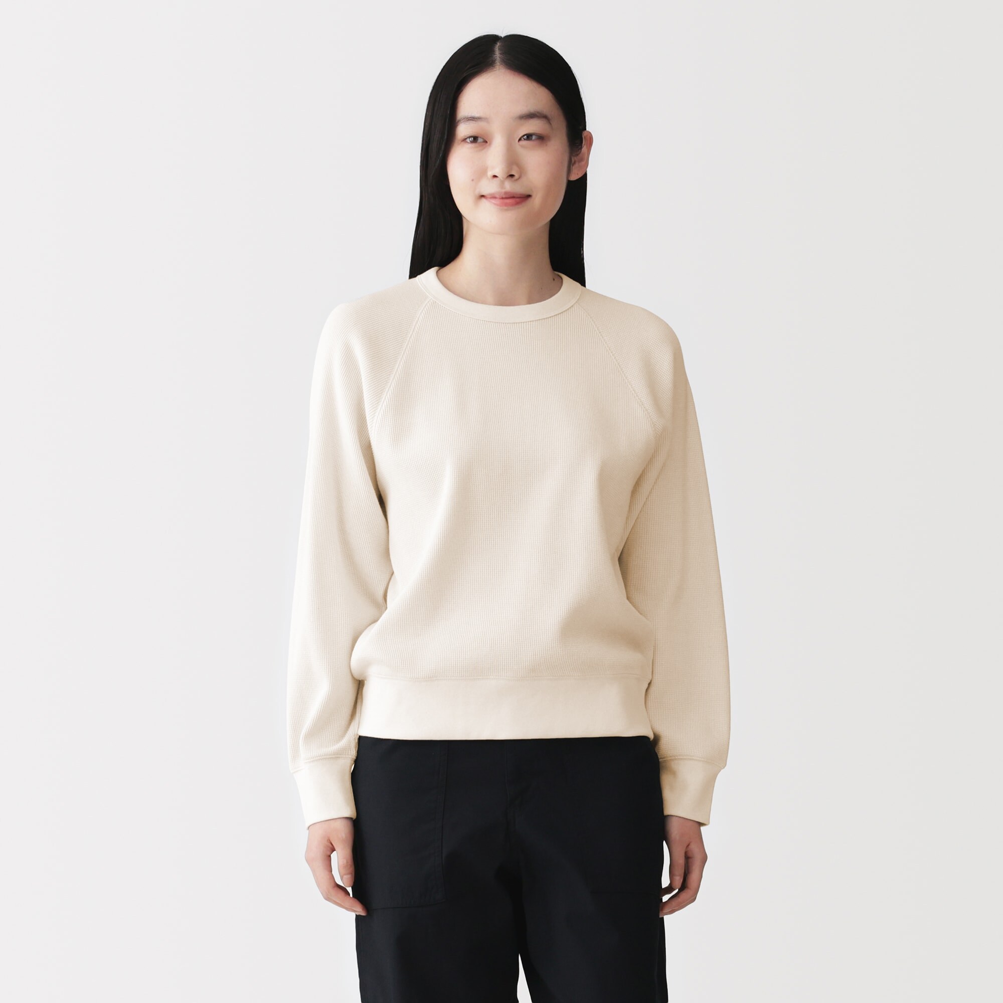 婦人　ワッフル編みクルーネック長袖Ｔシャツ