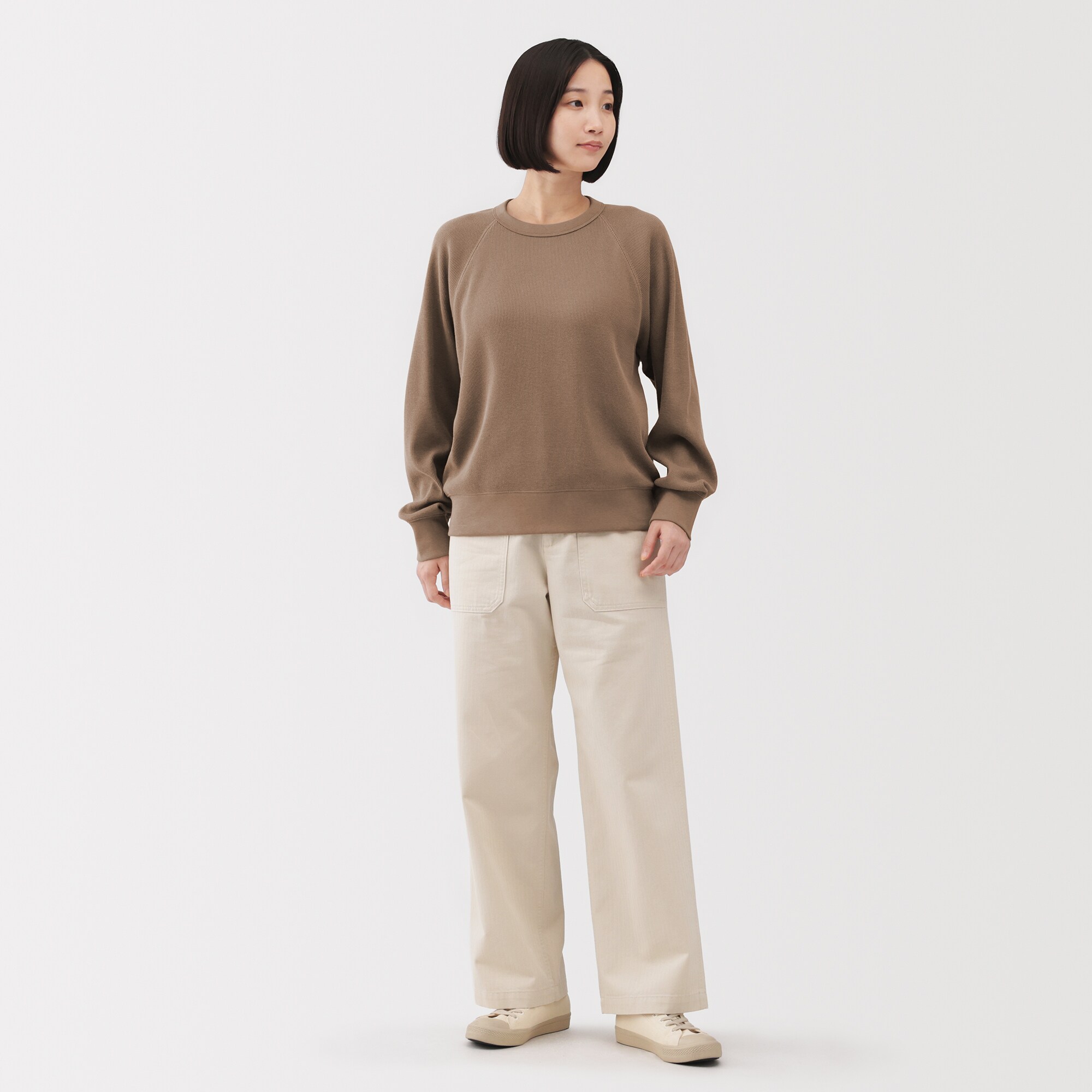 婦人　ワッフル編みクルーネック長袖Ｔシャツ