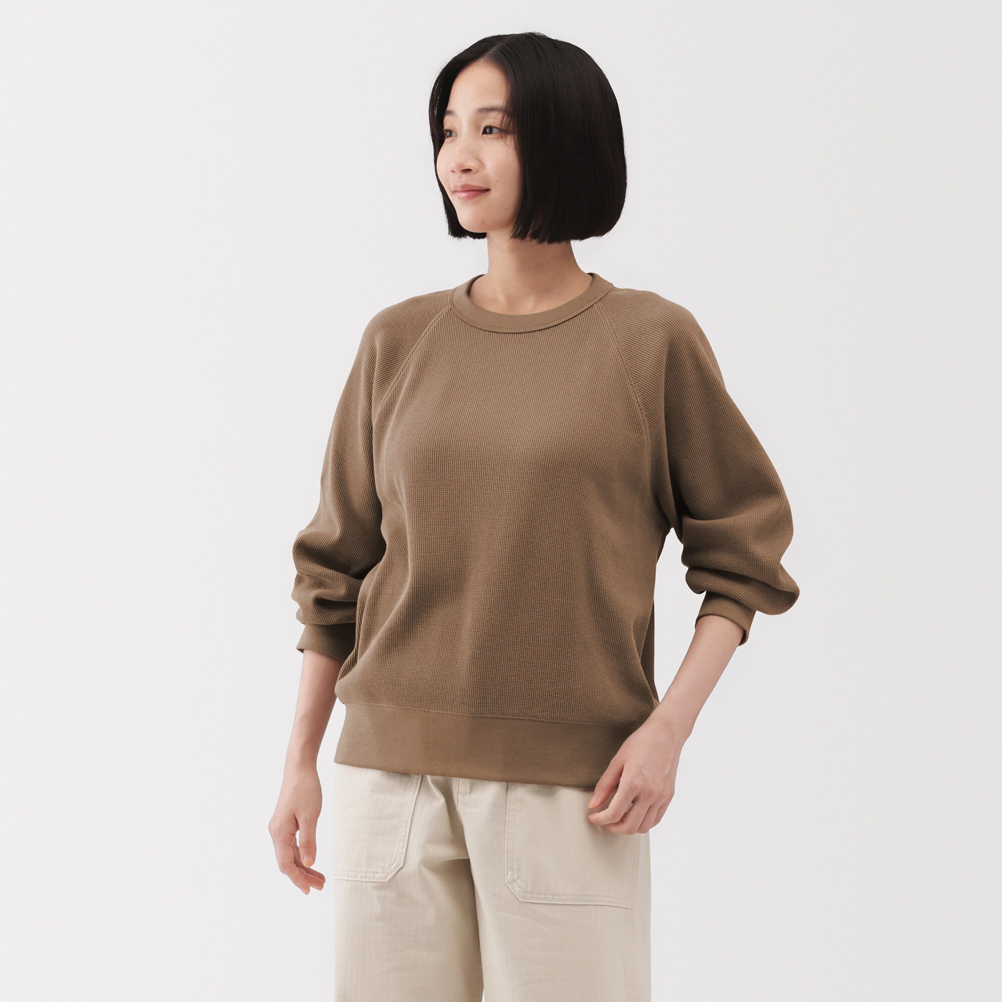 婦人　ワッフル編みクルーネック長袖Ｔシャツ