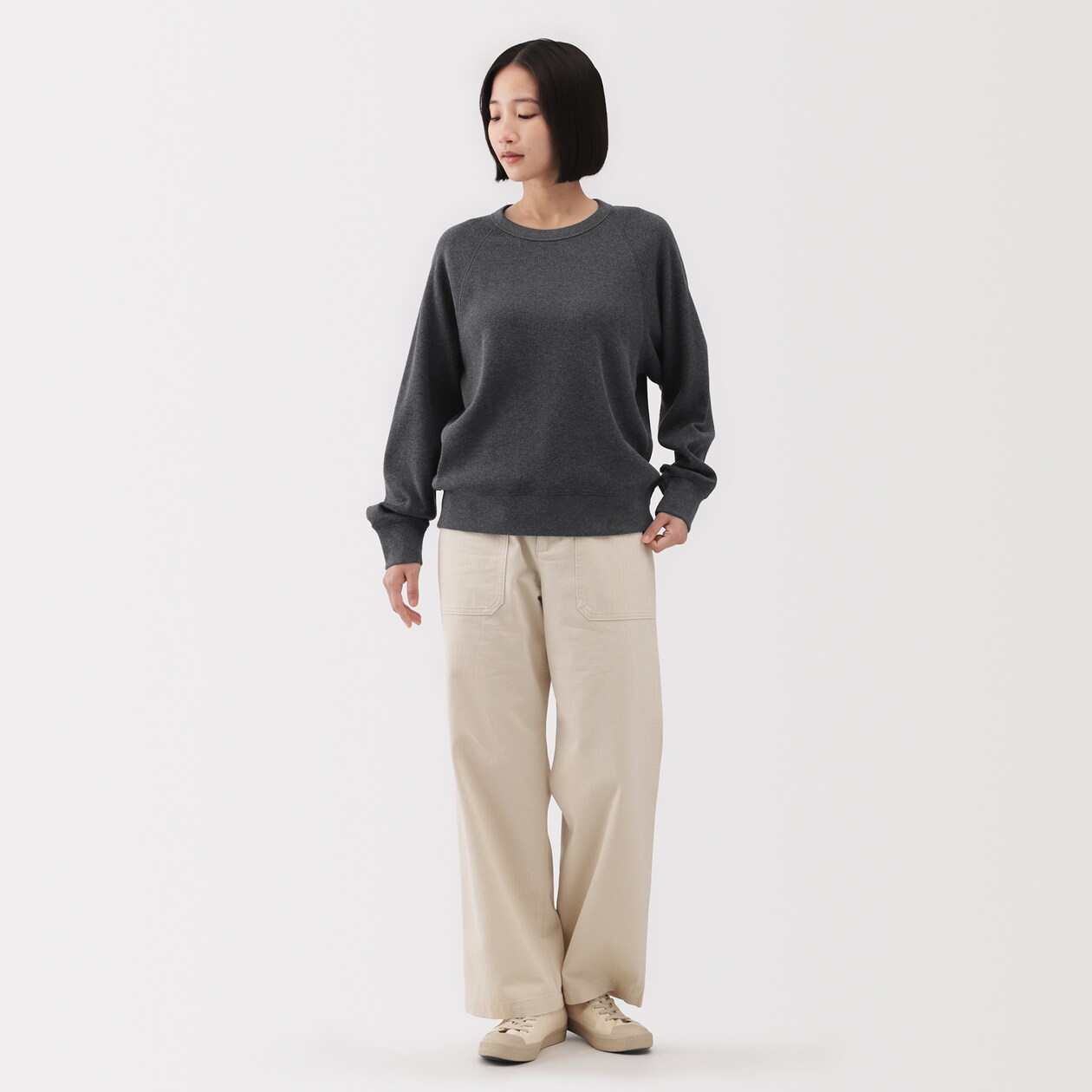 婦人　ワッフル編みクルーネック長袖Ｔシャツ