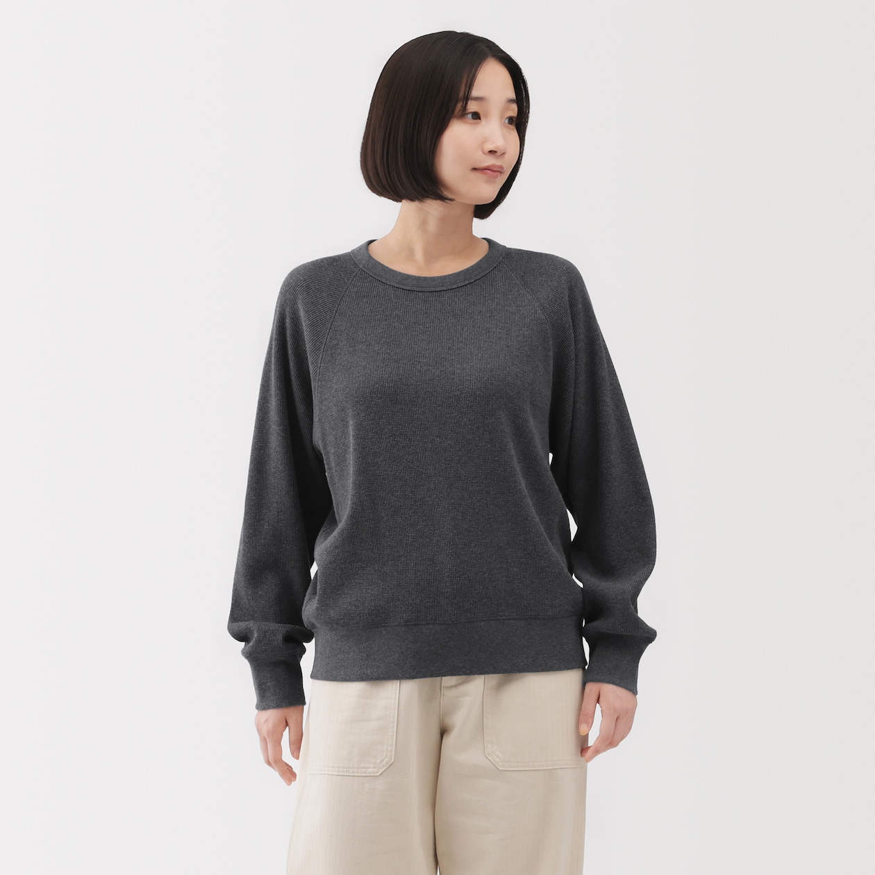 婦人　ワッフル編みクルーネック長袖Ｔシャツ