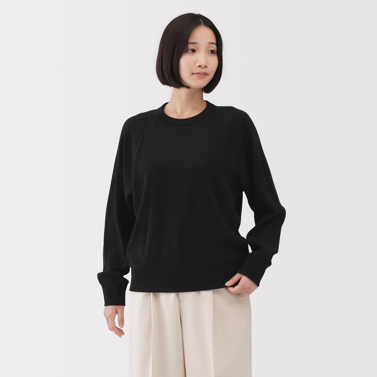 婦人　ワッフル編みクルーネック長袖Ｔシャツ