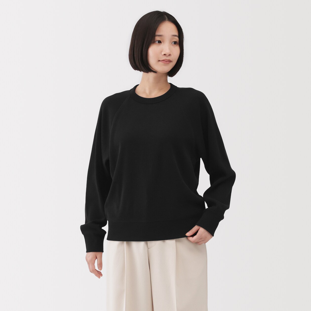 婦人　ワッフル編みクルーネック長袖Ｔシャツ