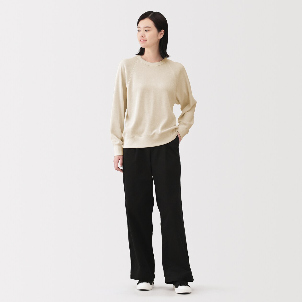 婦人　ワッフル編みクルーネック長袖Ｔシャツ