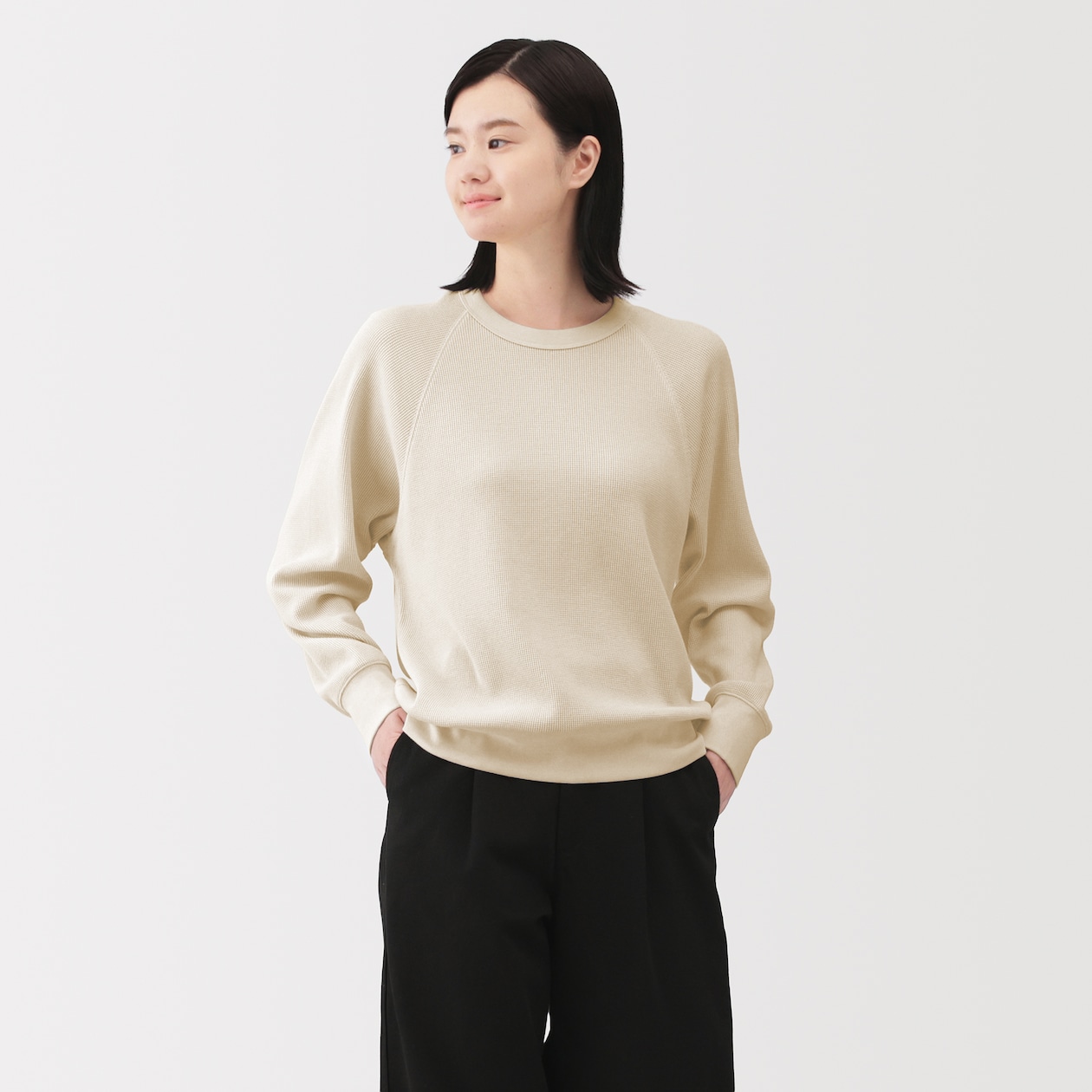 婦人　ワッフル編みクルーネック長袖Ｔシャツ