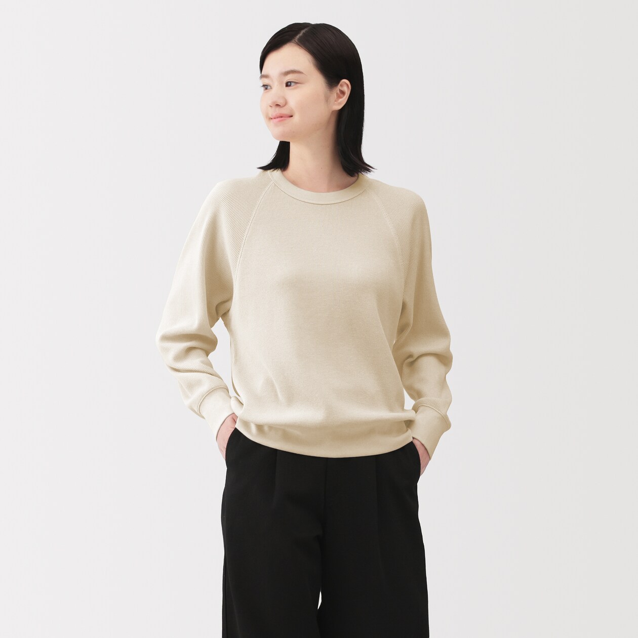 婦人　ワッフル編みクルーネック長袖Ｔシャツ