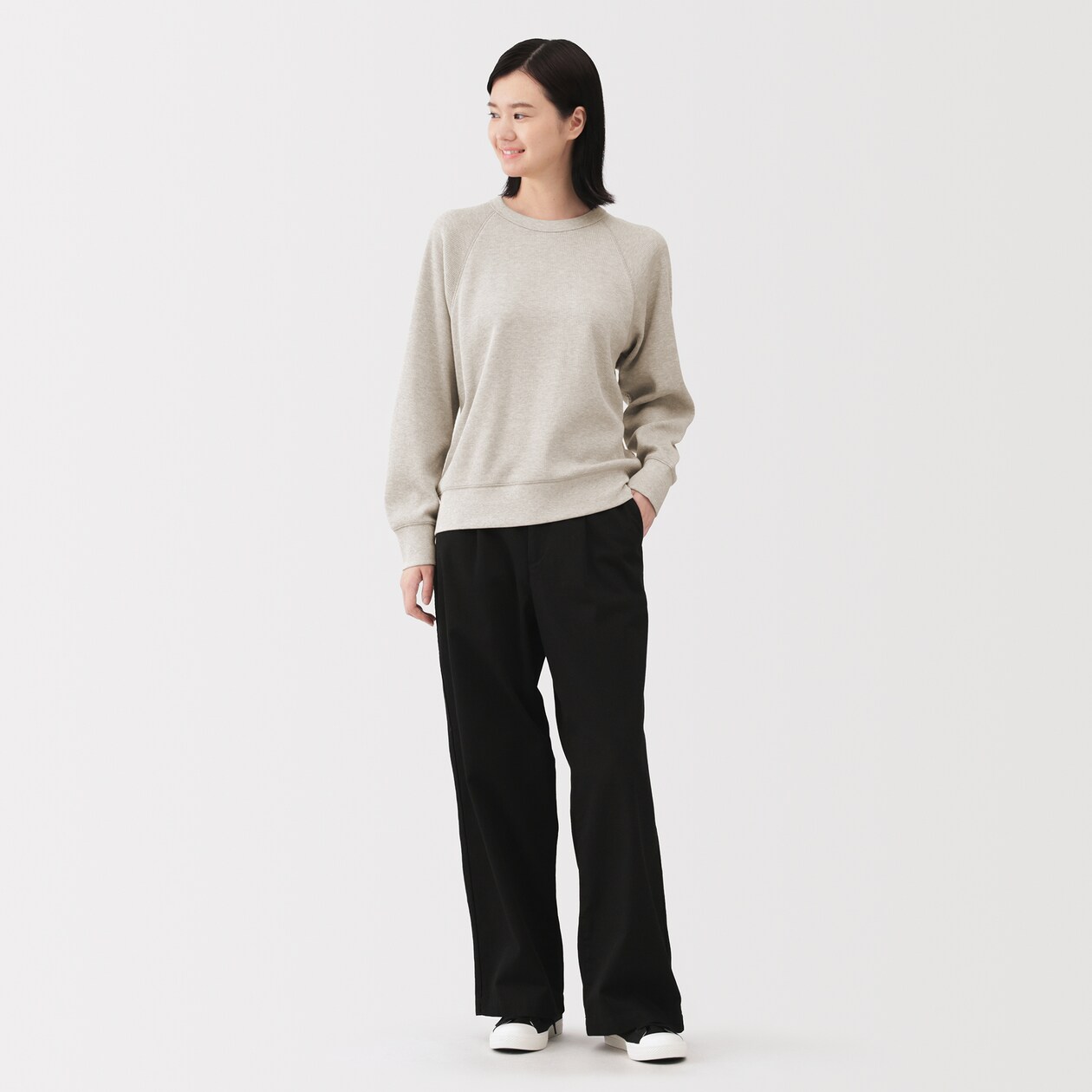 婦人　ワッフル編みクルーネック長袖Ｔシャツ