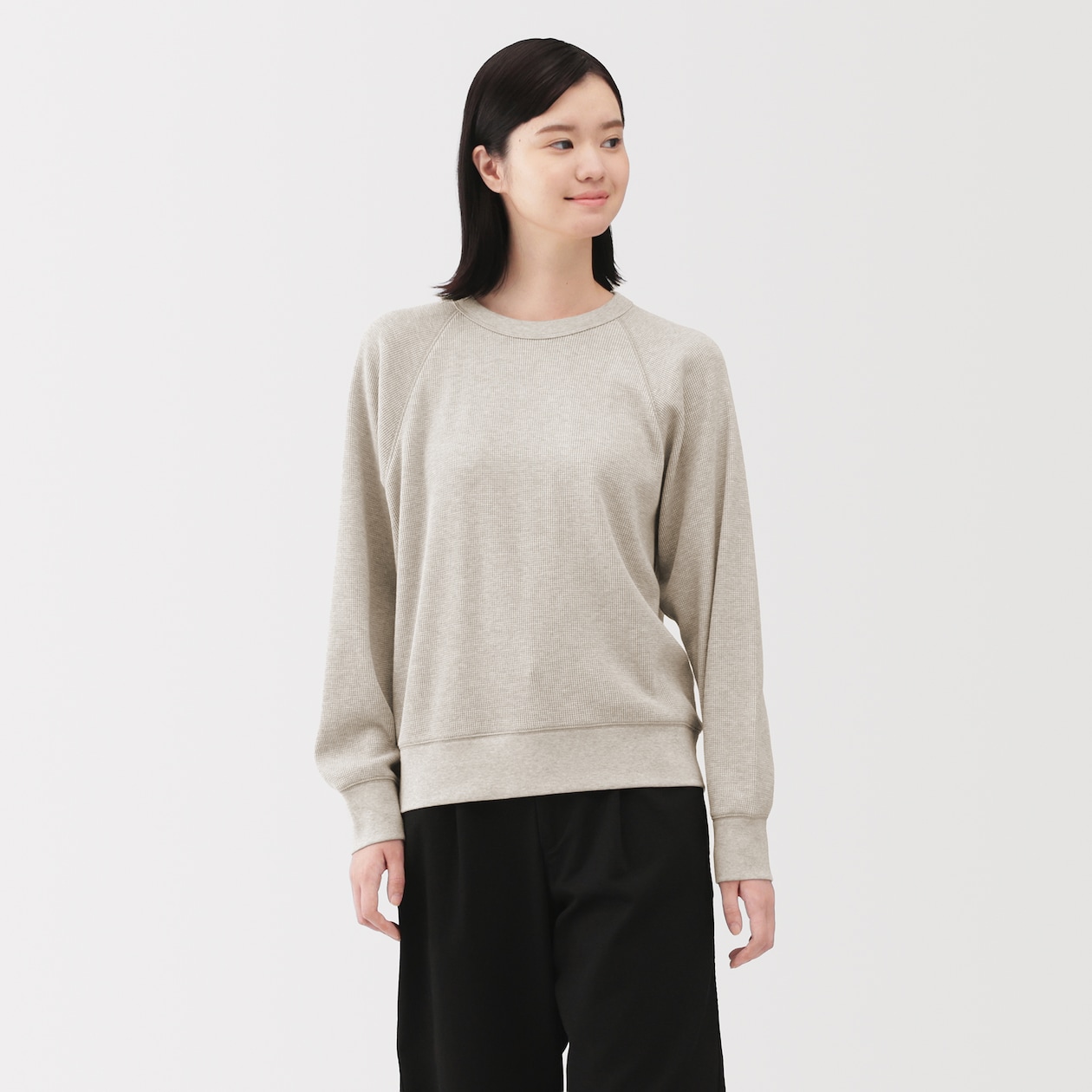 婦人　ワッフル編みクルーネック長袖Ｔシャツ