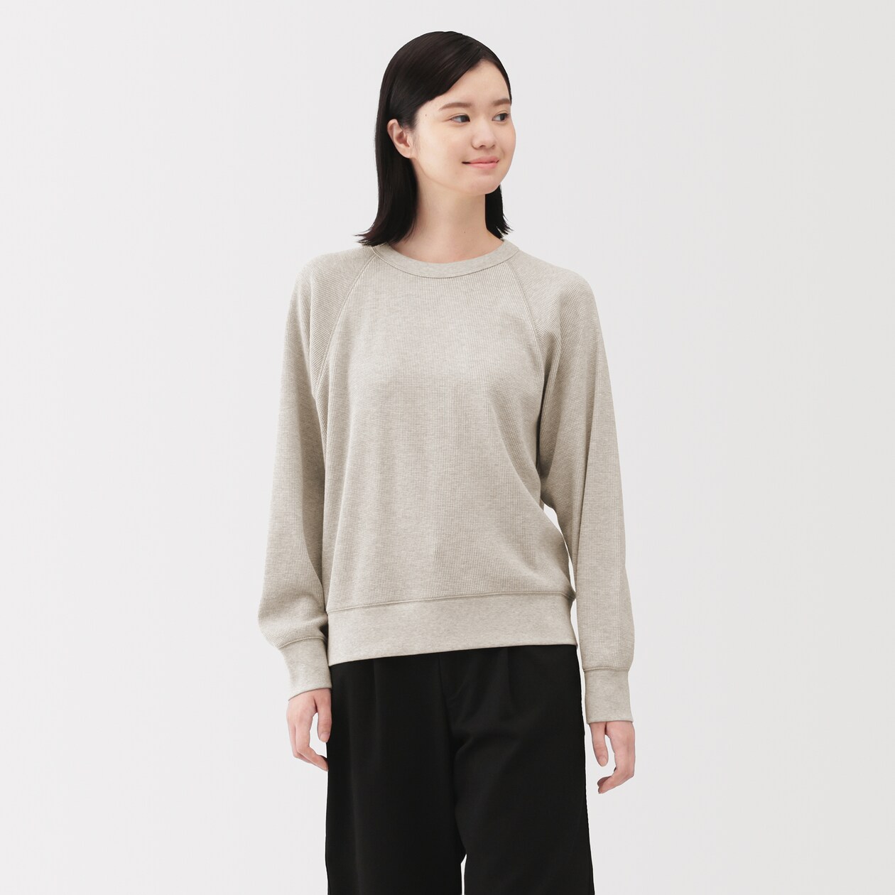 婦人　ワッフル編みクルーネック長袖Ｔシャツ