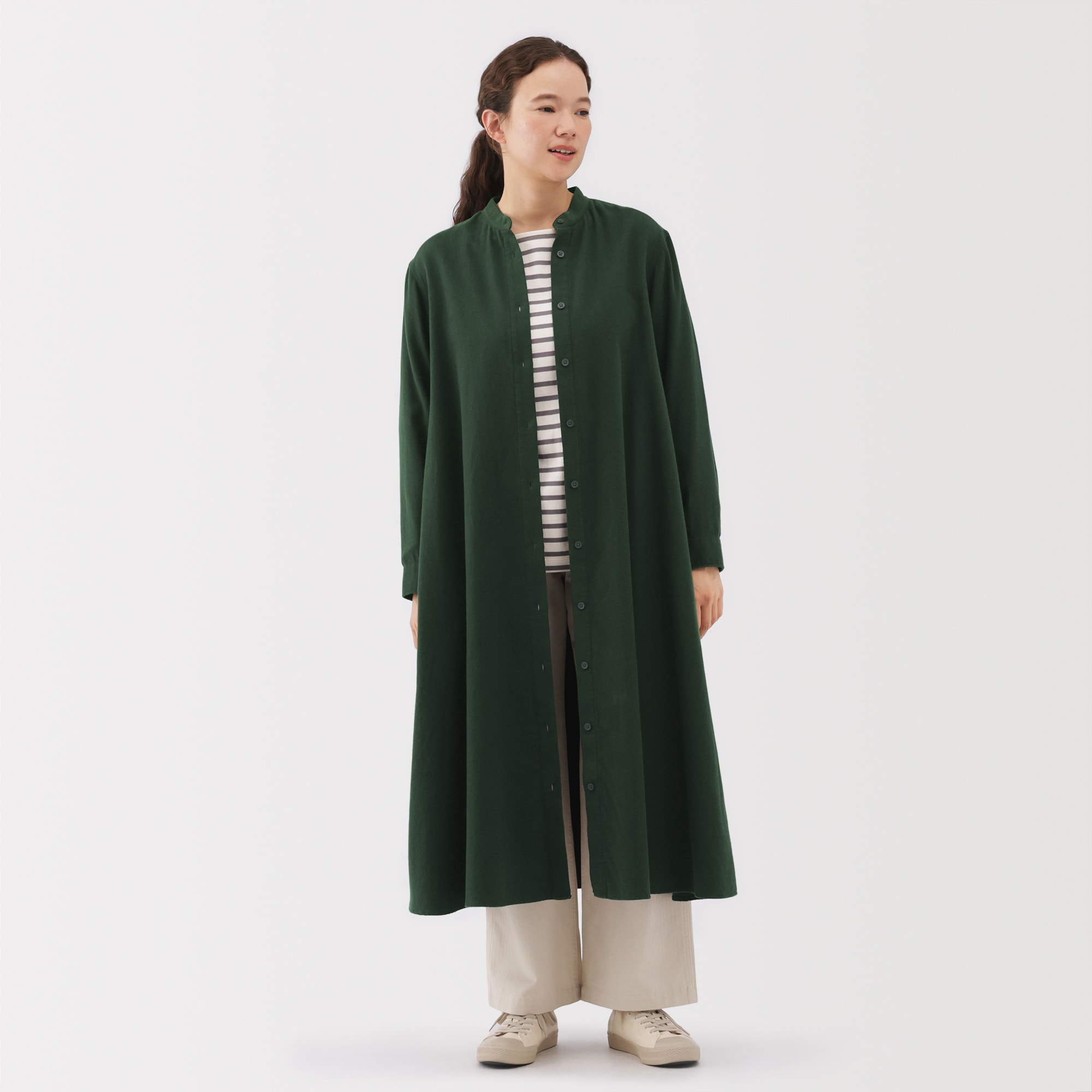 婦人　両面起毛フランネルスタンドカラー長袖ワンピース