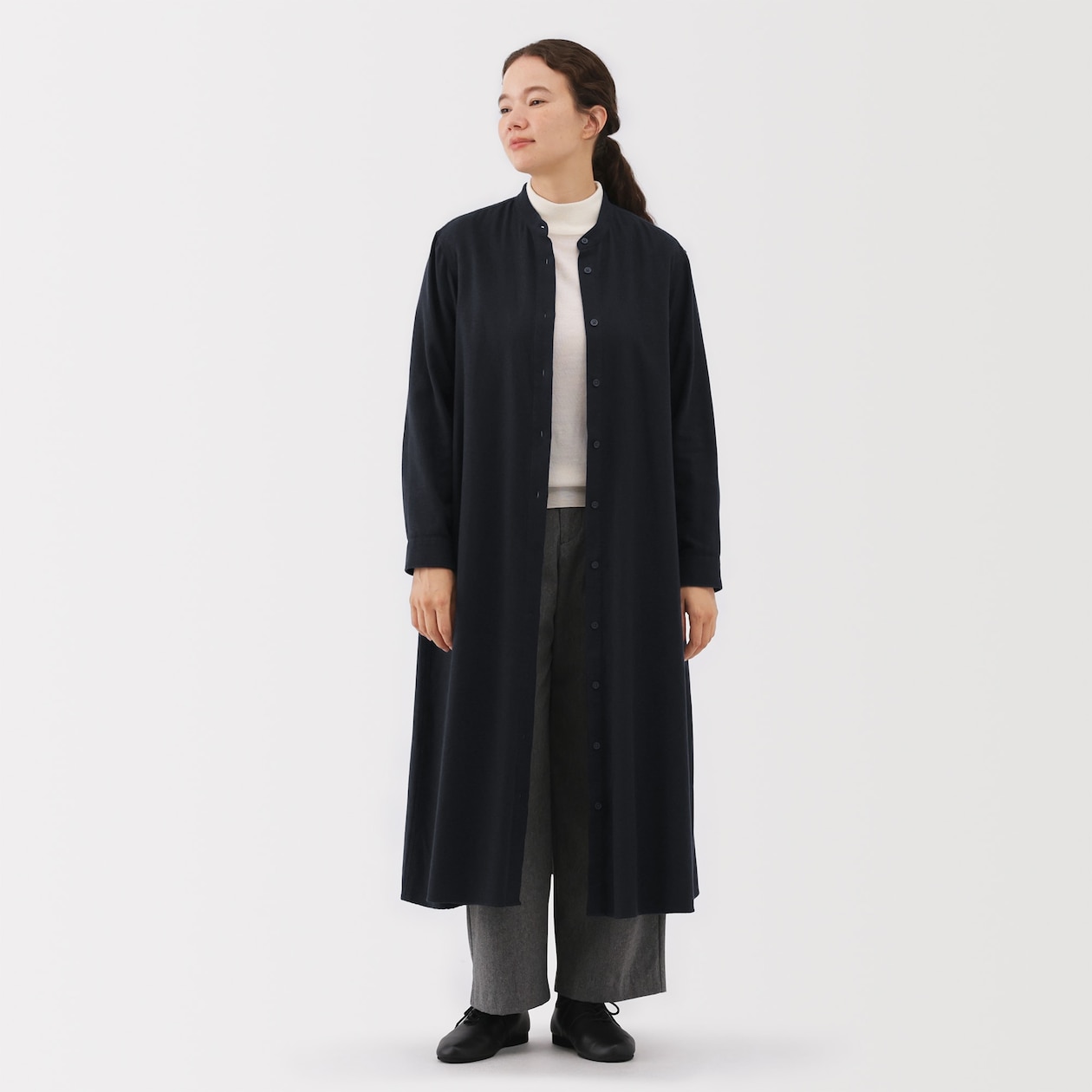 婦人　両面起毛フランネルスタンドカラー長袖ワンピース