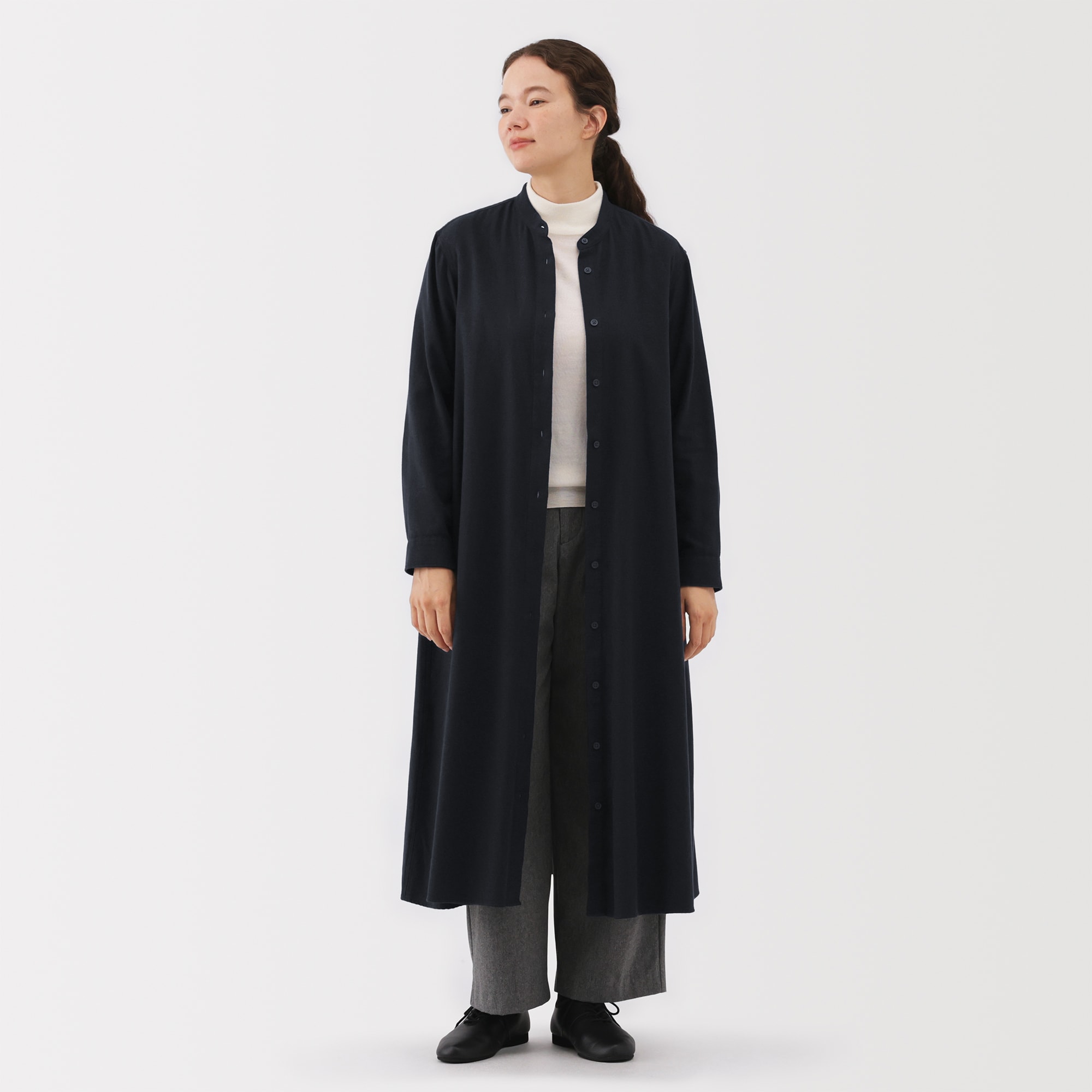 婦人　両面起毛フランネルスタンドカラー長袖ワンピース