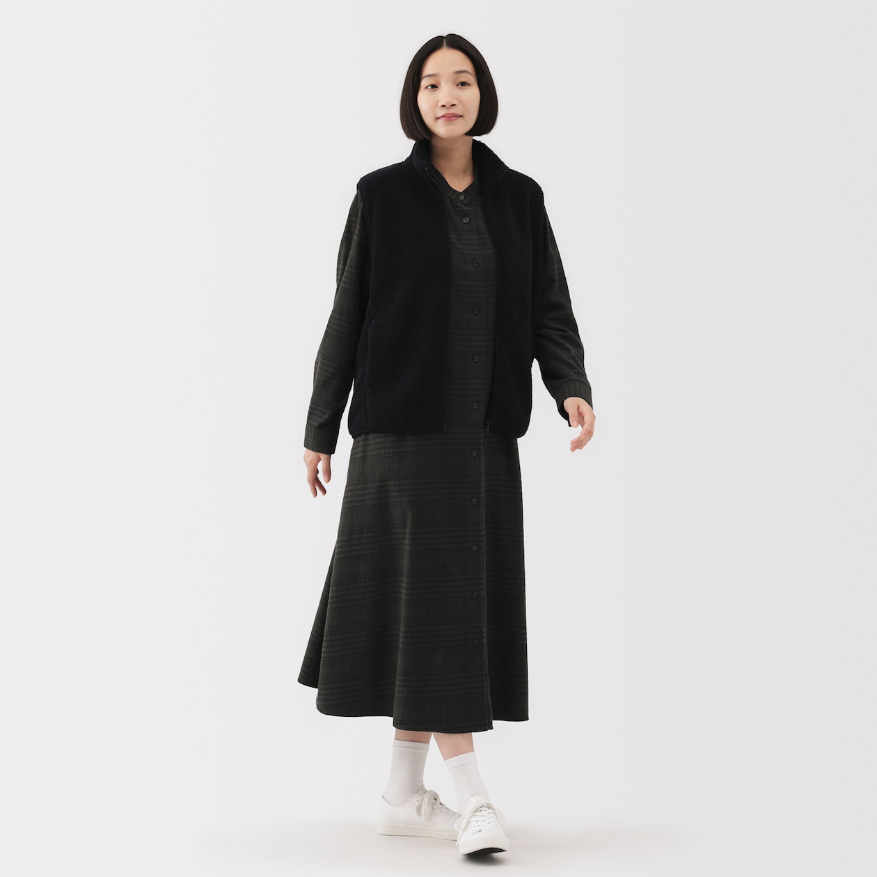 婦人　両面起毛フランネルスタンドカラー長袖ワンピース