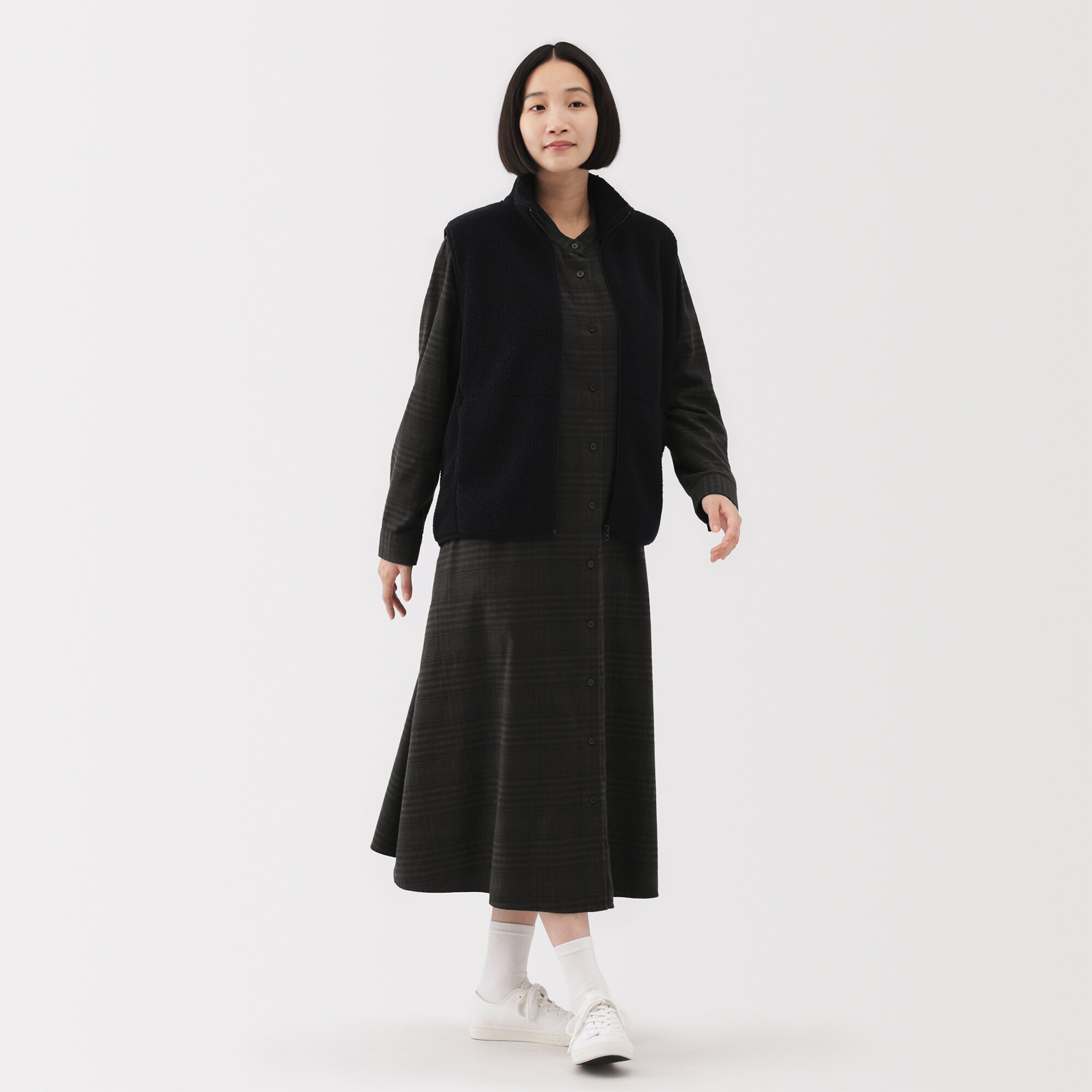 婦人　両面起毛フランネルスタンドカラー長袖ワンピース