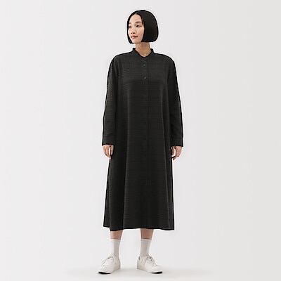 婦人　両面起毛フランネルスタンドカラー長袖ワンピース