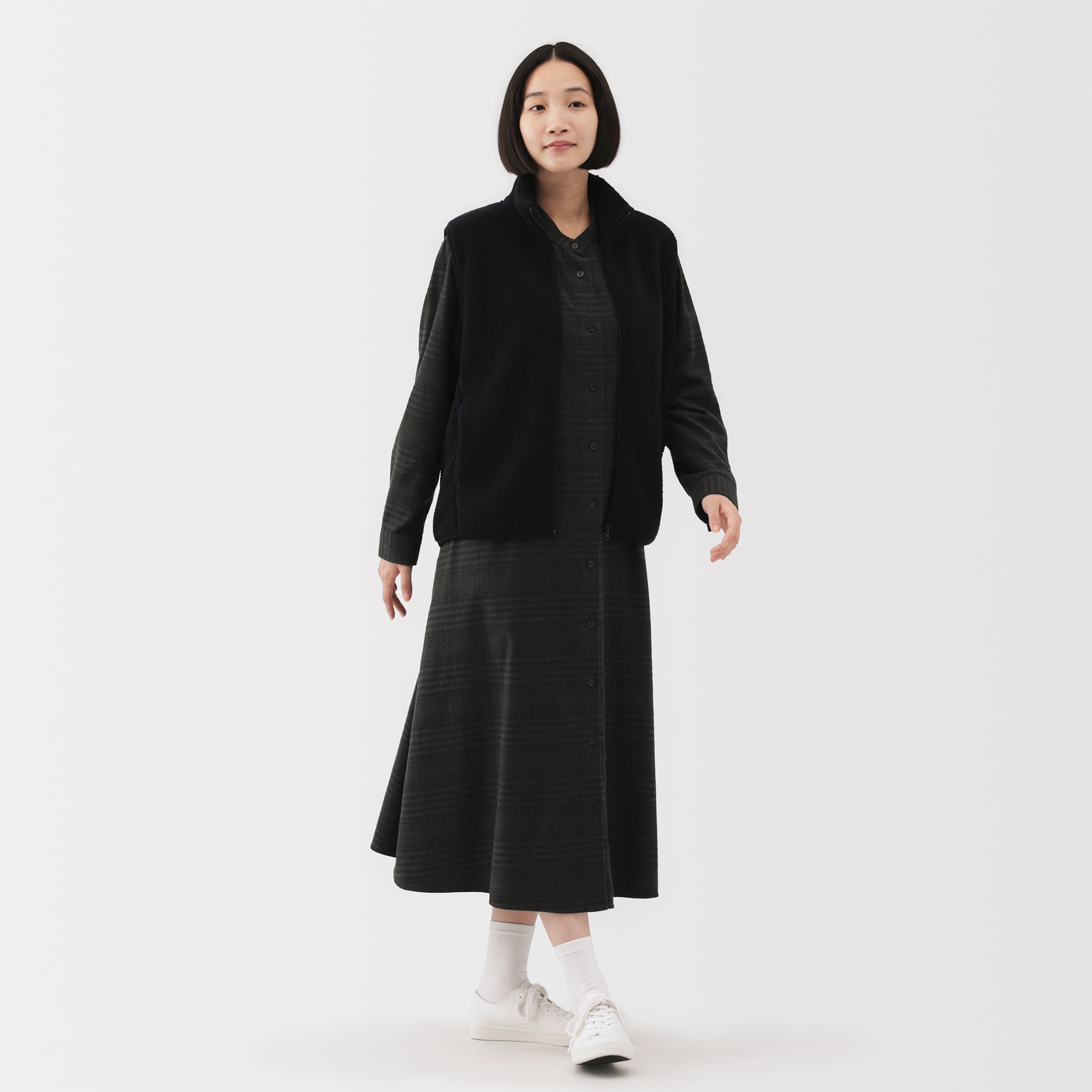 婦人　両面起毛フランネルスタンドカラー長袖ワンピース