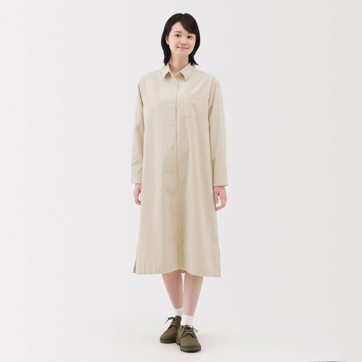 婦人　木の実から作ったカポック混コーデュロイ長袖ワンピース