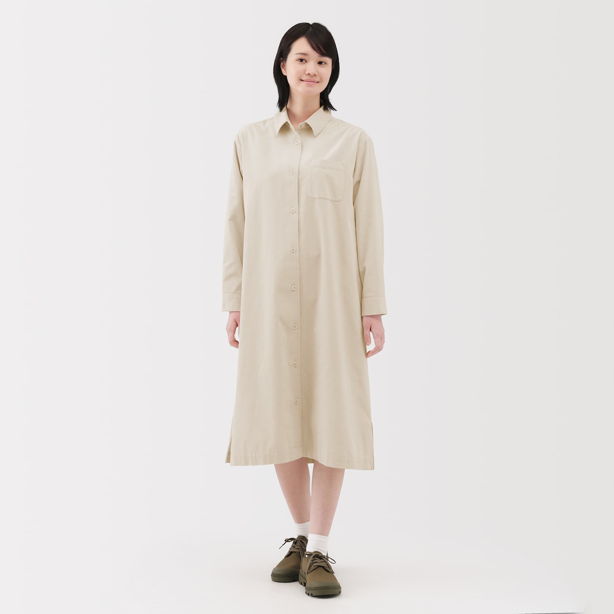 婦人　木の実から作ったカポック混コーデュロイ長袖ワンピース