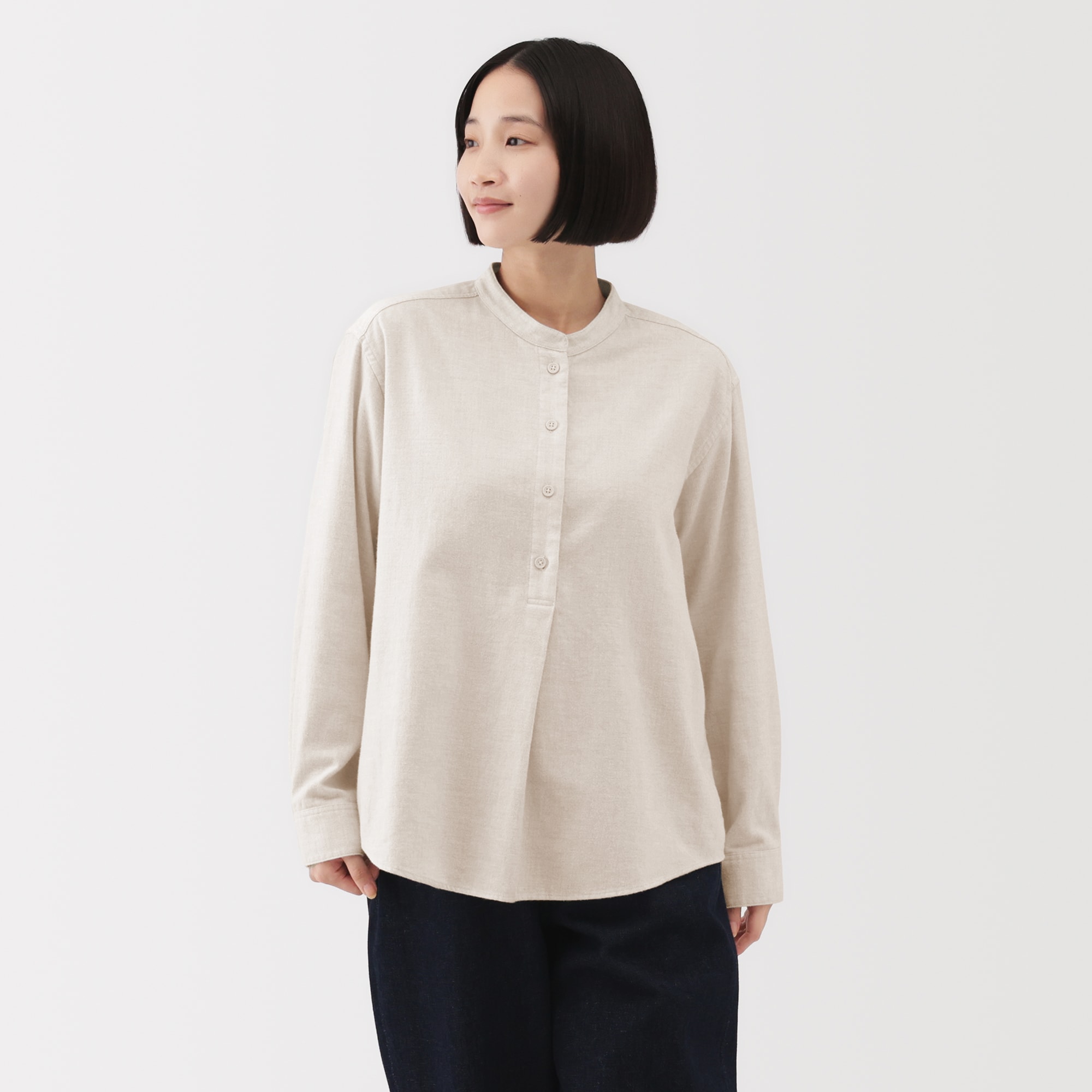 婦人　両面起毛フランネルスタンドカラー長袖ブラウス