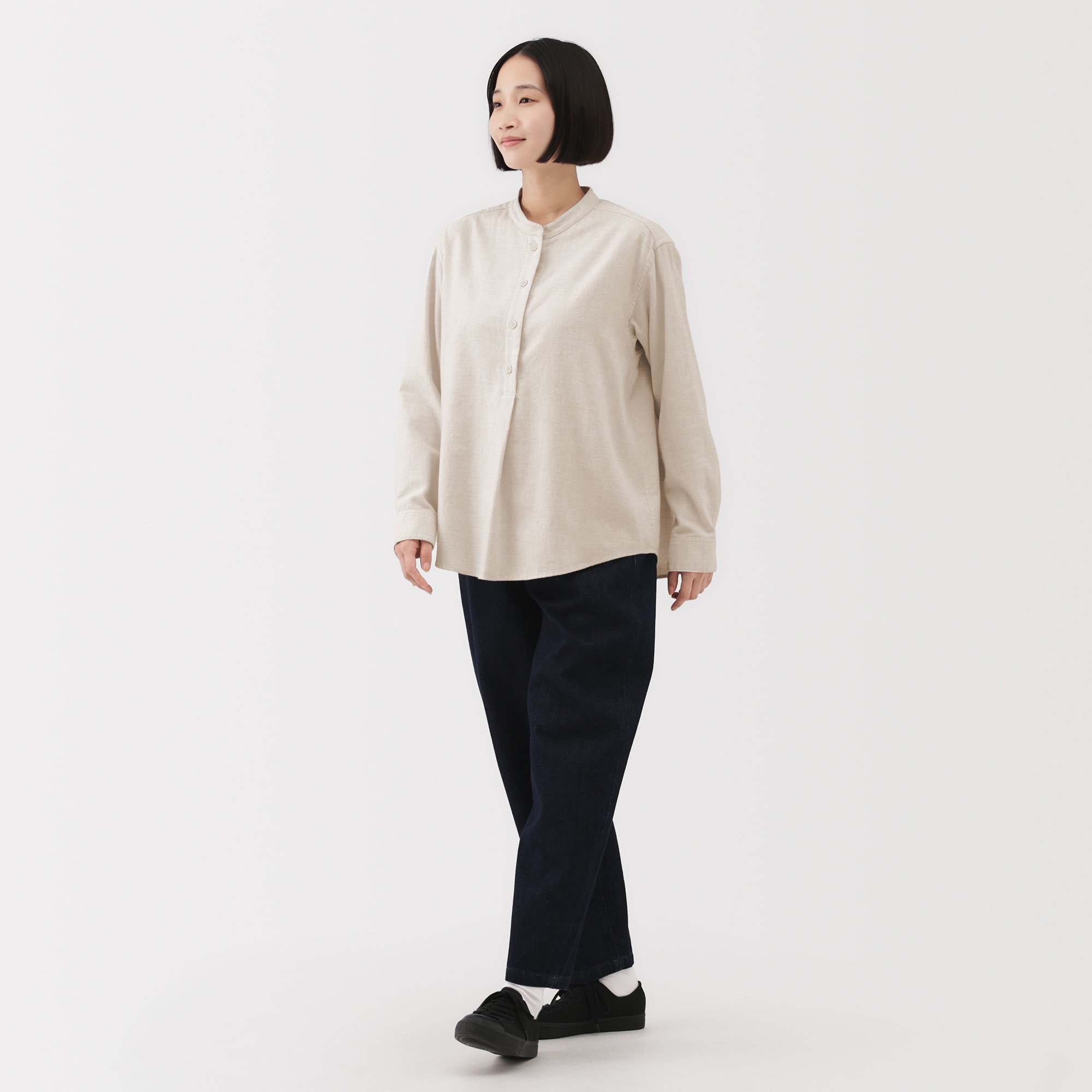 婦人 両面起毛フランネルスタンドカラー長袖ブラウス | 無印良品