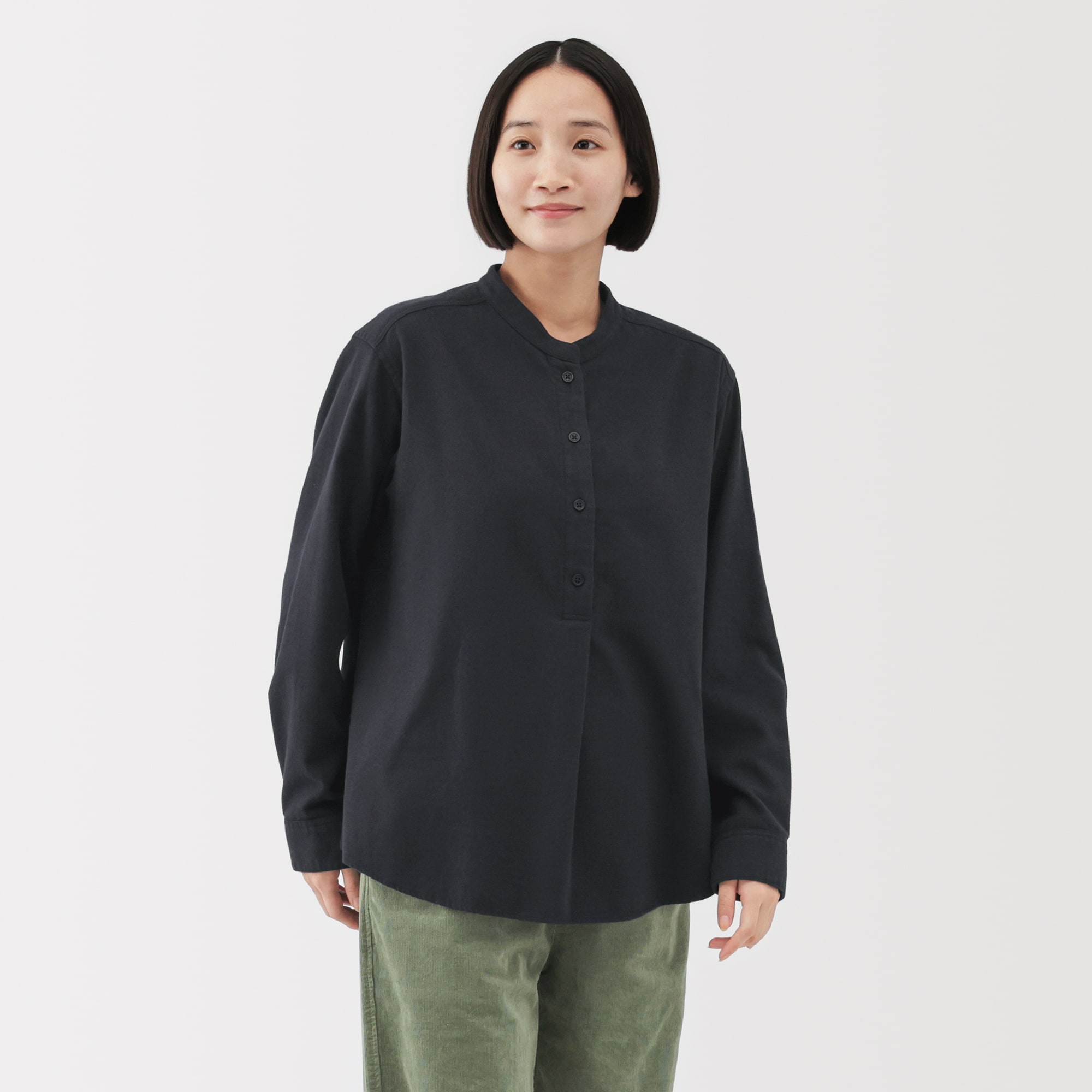 婦人　両面起毛フランネルスタンドカラー長袖ブラウス