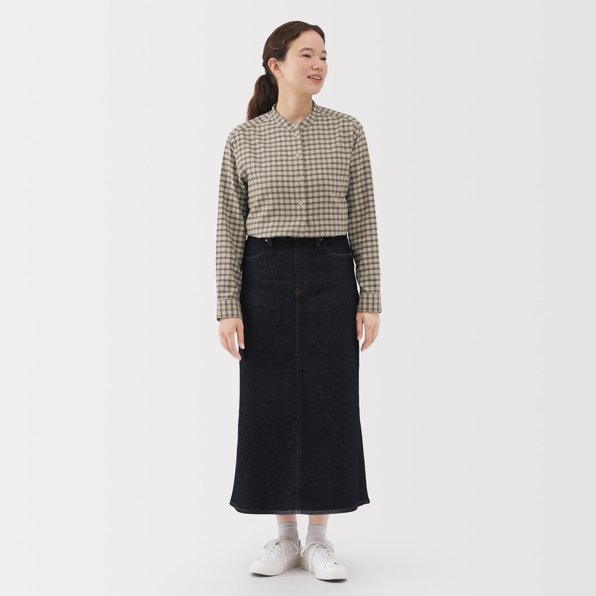 婦人　両面起毛フランネルスタンドカラー長袖ブラウス