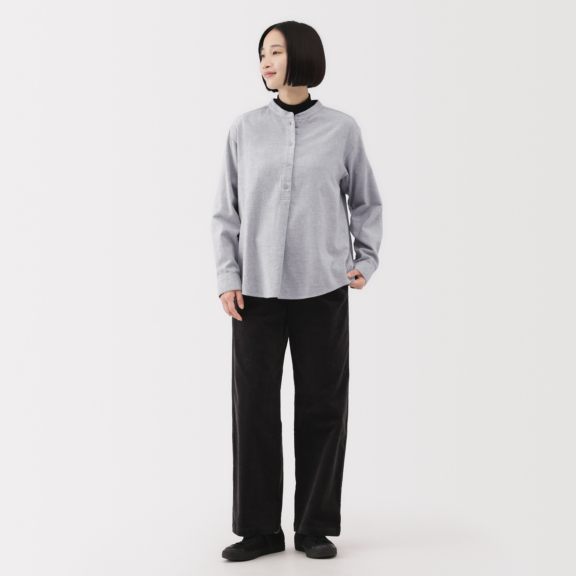 婦人　両面起毛フランネルスタンドカラー長袖ブラウス