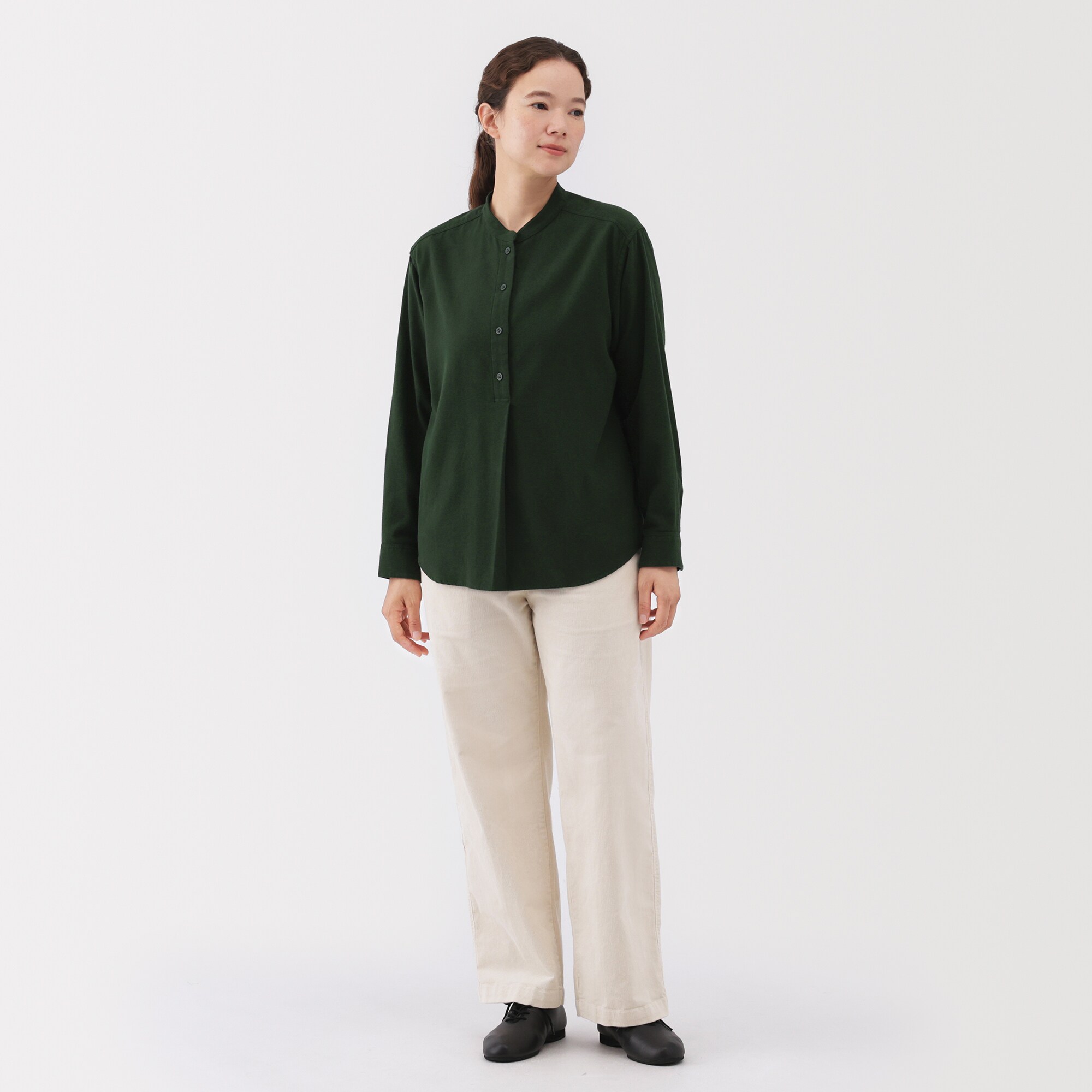 婦人　両面起毛フランネルスタンドカラー長袖ブラウス