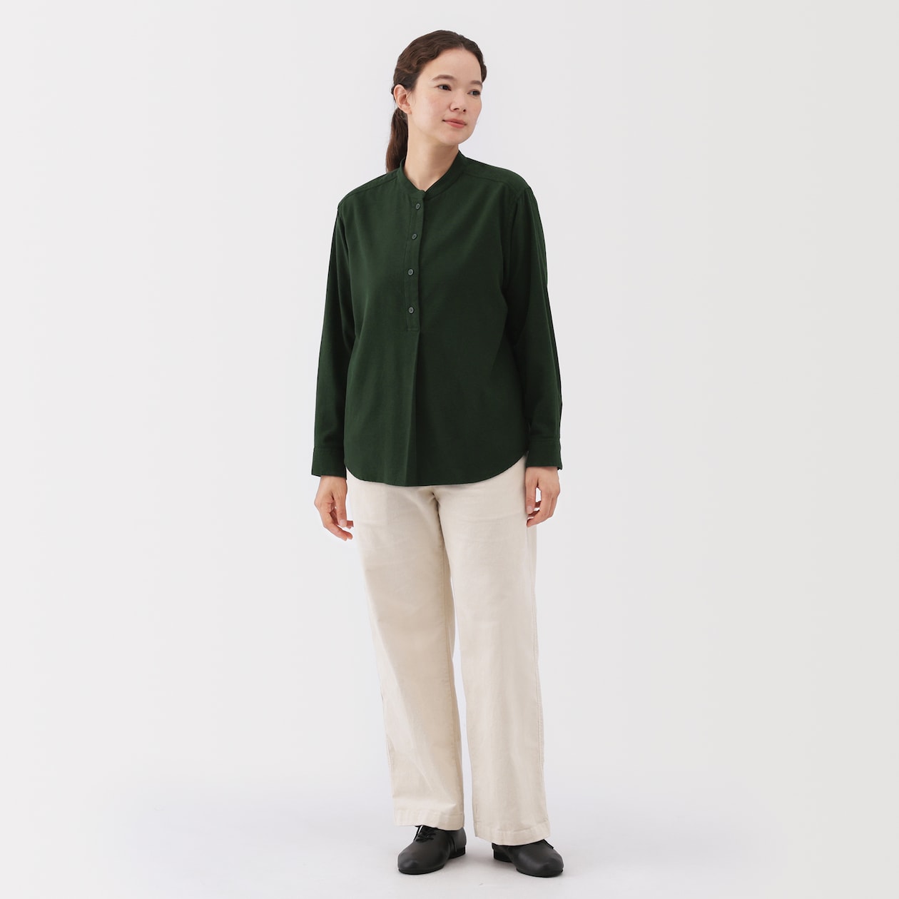 婦人　両面起毛フランネルスタンドカラー長袖ブラウス