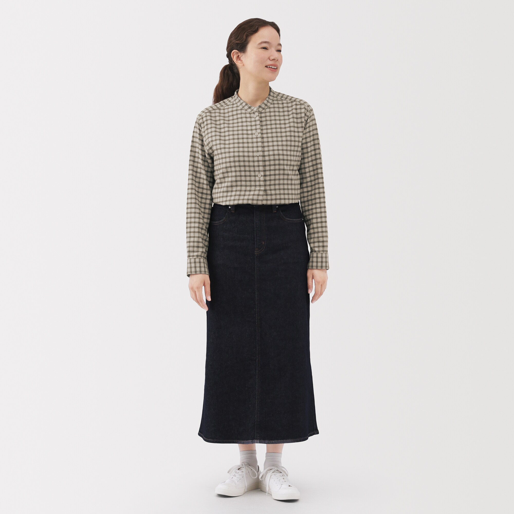 婦人　両面起毛フランネルスタンドカラー長袖ブラウス