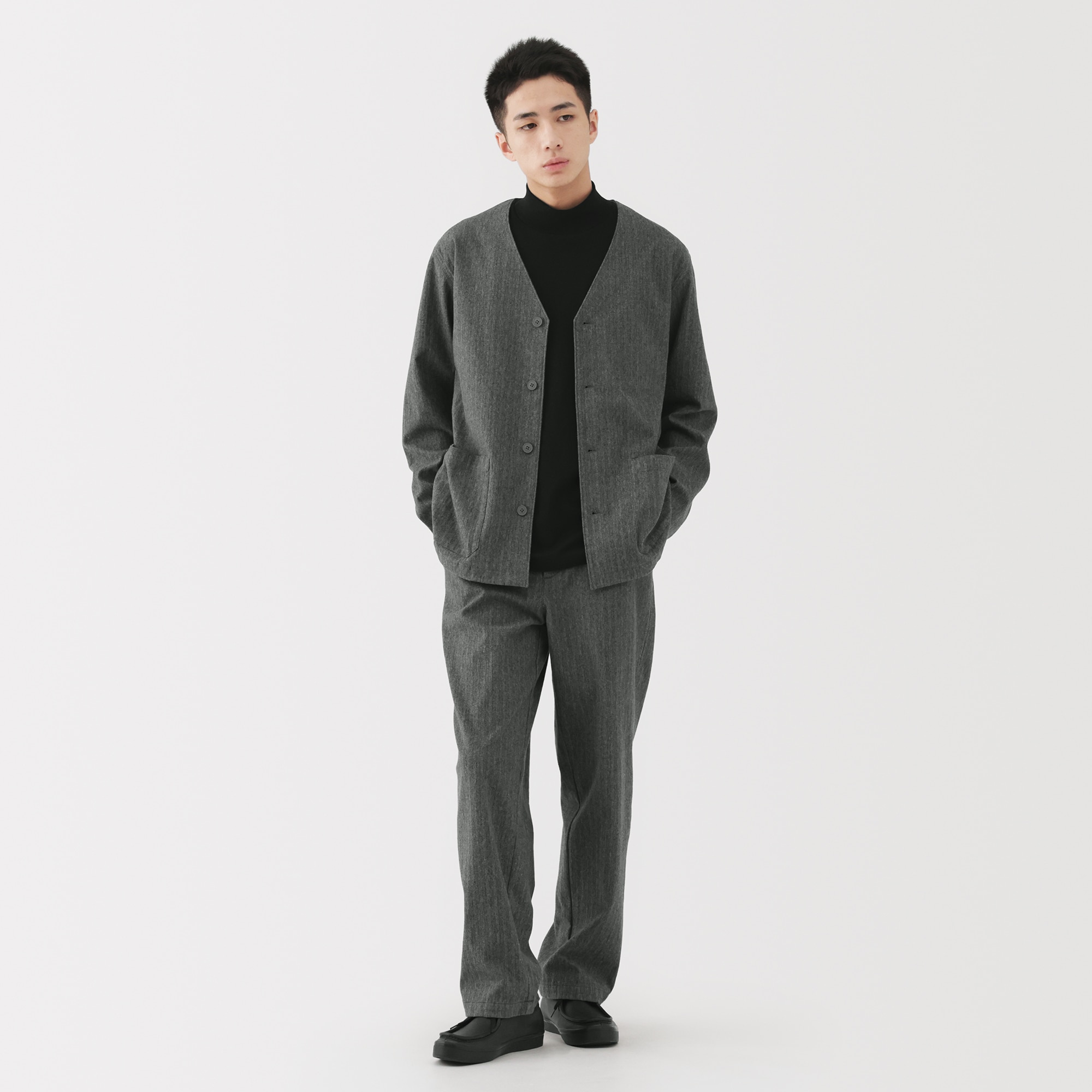 紳士　縦横ストレッチ起毛ヘリンボーン　カーディガン