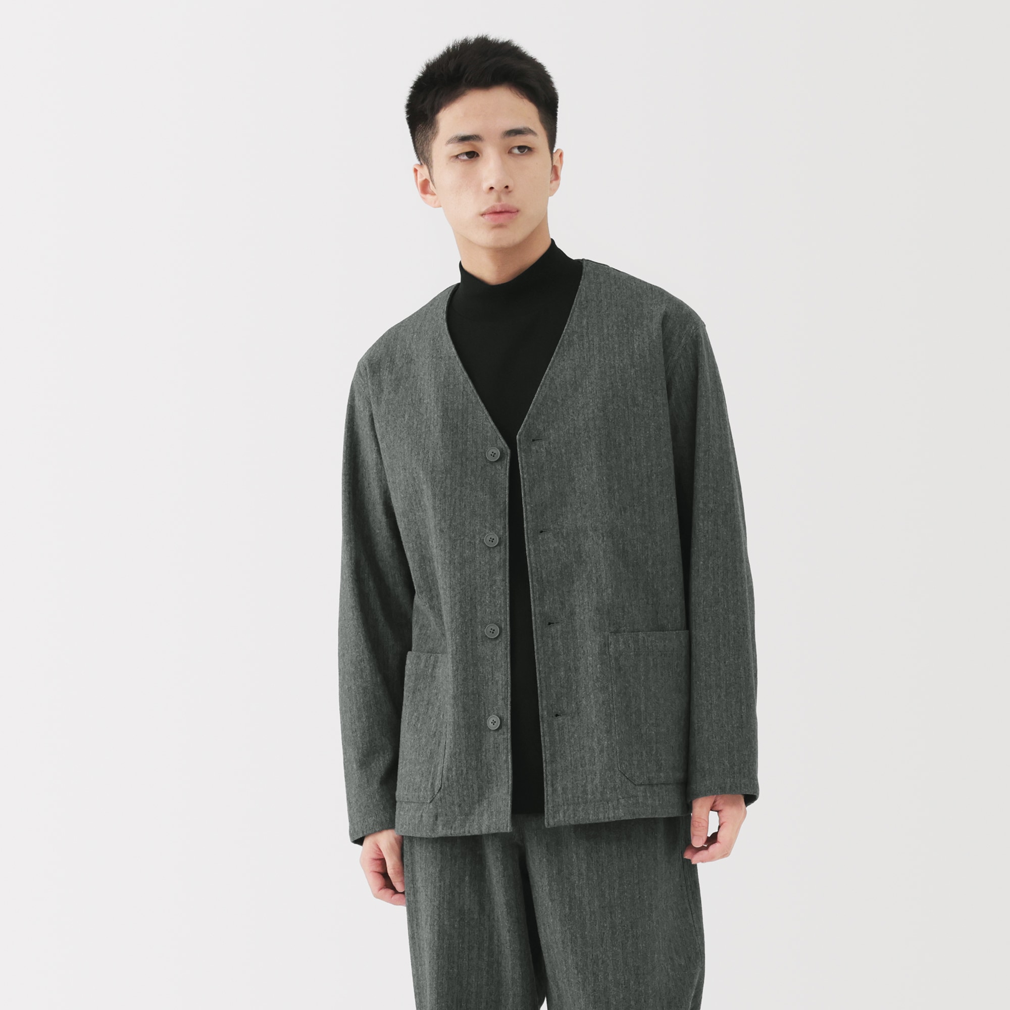 紳士　縦横ストレッチ起毛ヘリンボーン　カーディガン