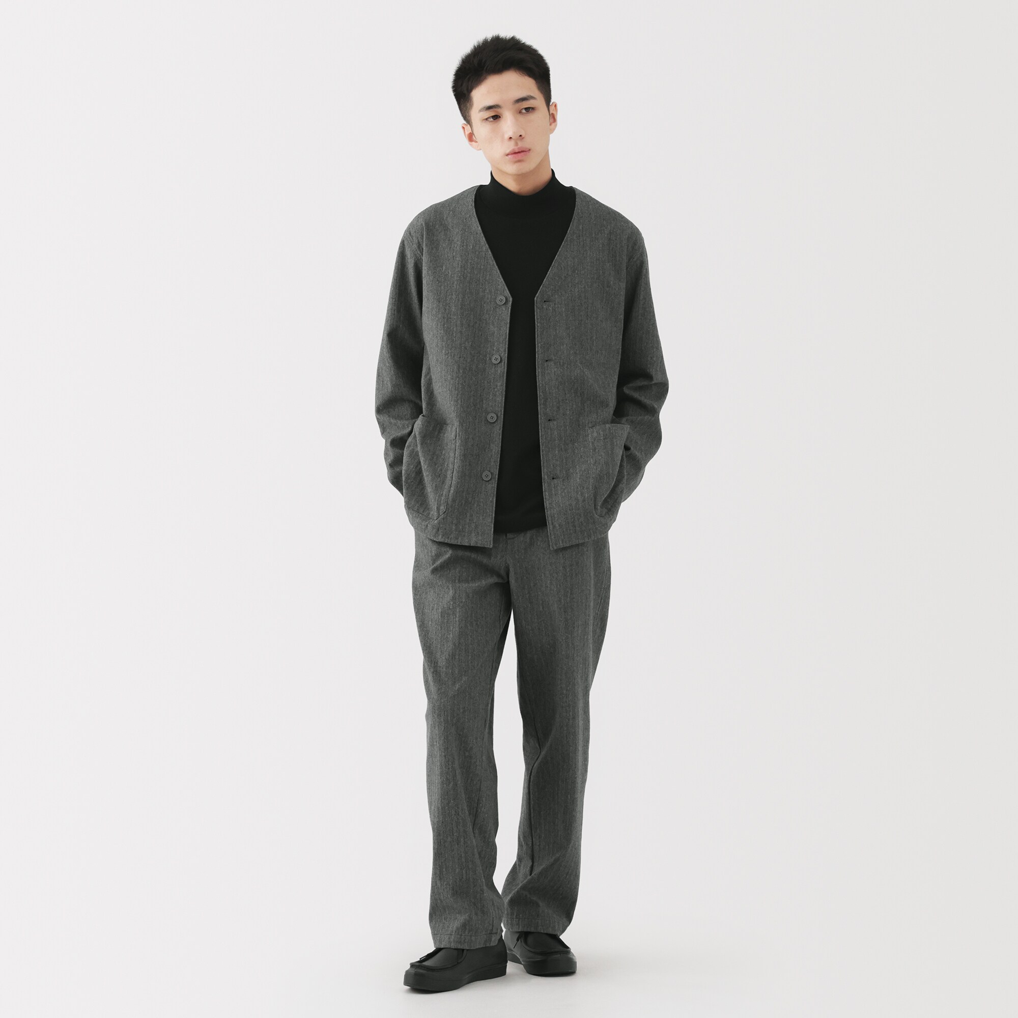 紳士　縦横ストレッチ起毛ヘリンボーン　カーディガン