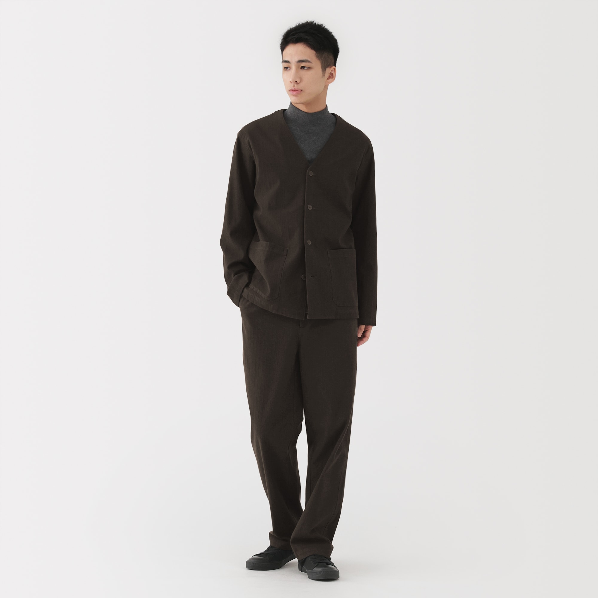 紳士　縦横ストレッチ起毛ヘリンボーン　カーディガン