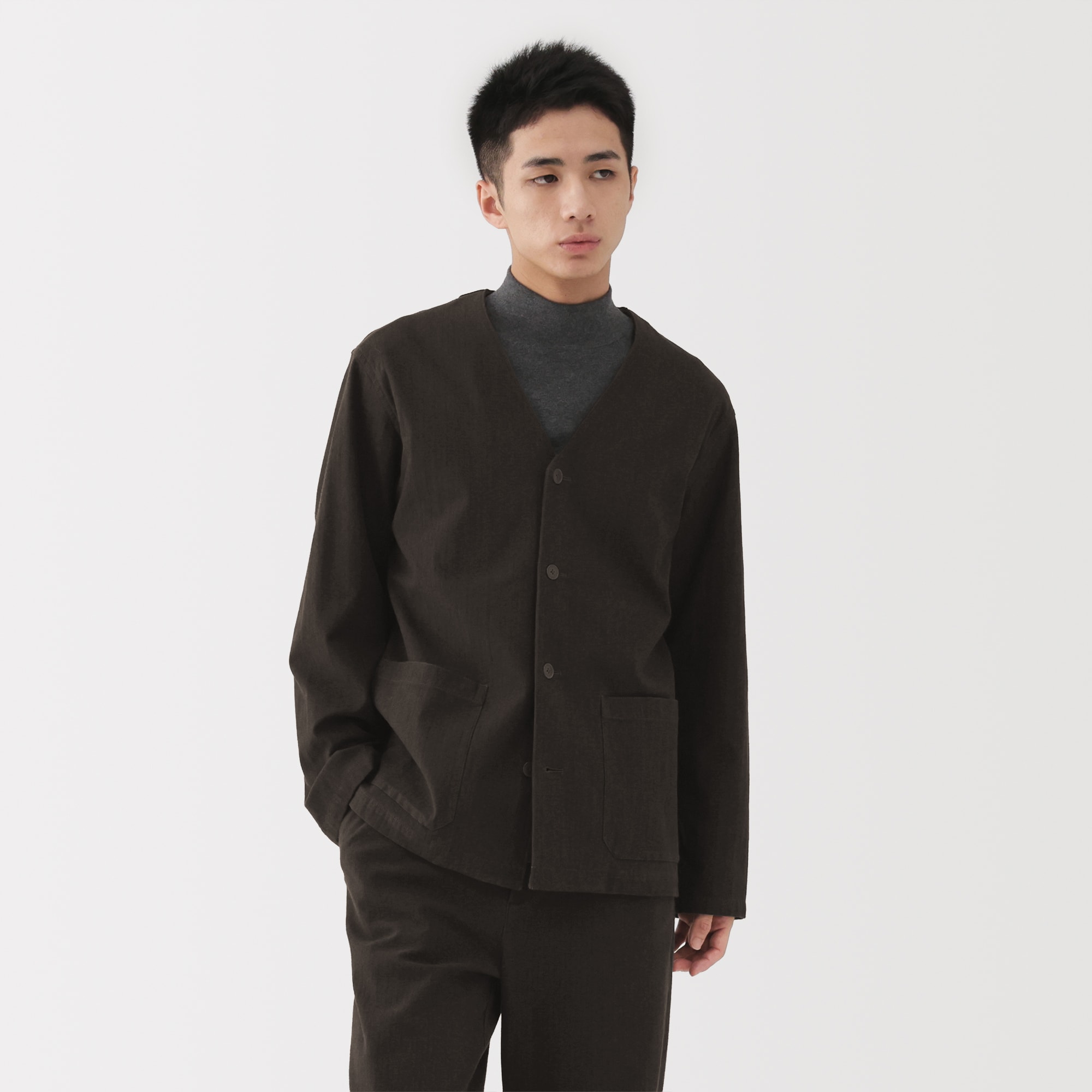 紳士　縦横ストレッチ起毛ヘリンボーン　カーディガン