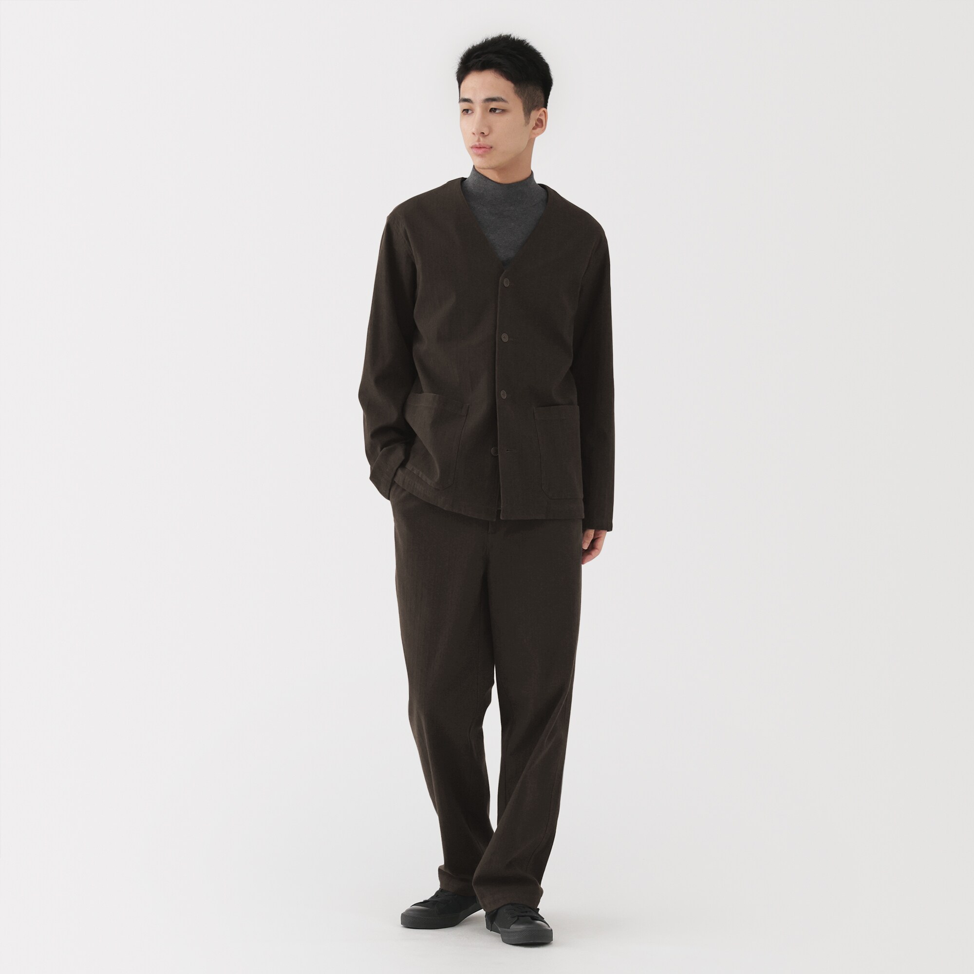 紳士　縦横ストレッチ起毛ヘリンボーン　カーディガン