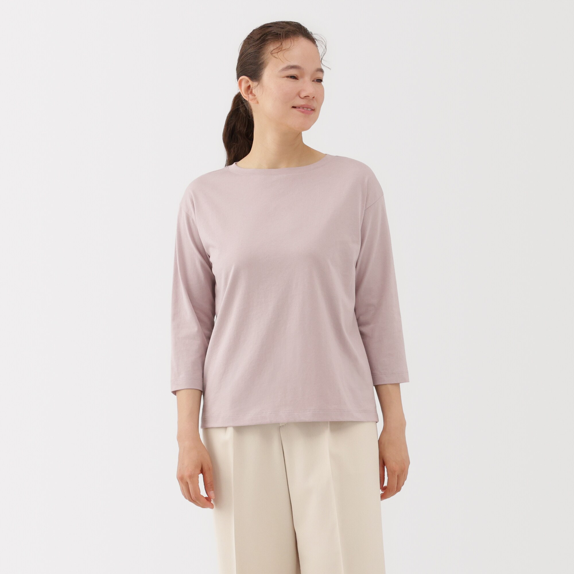 婦人　天竺編みボートネック七分袖Ｔシャツ