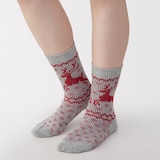婦人　足なり直角　履き口やわらか　ウール混トナカイ柄　靴下