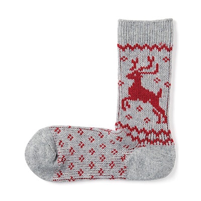 婦人　足なり直角　履き口やわらか　ウール混トナカイ柄　靴下