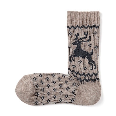 婦人　足なり直角　履き口やわらか　ウール混トナカイ柄　靴下