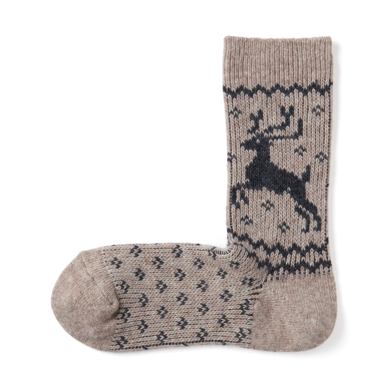 婦人　足なり直角　履き口やわらか　ウール混トナカイ柄　靴下