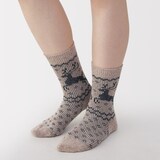 婦人　足なり直角　履き口やわらか　ウール混トナカイ柄　靴下