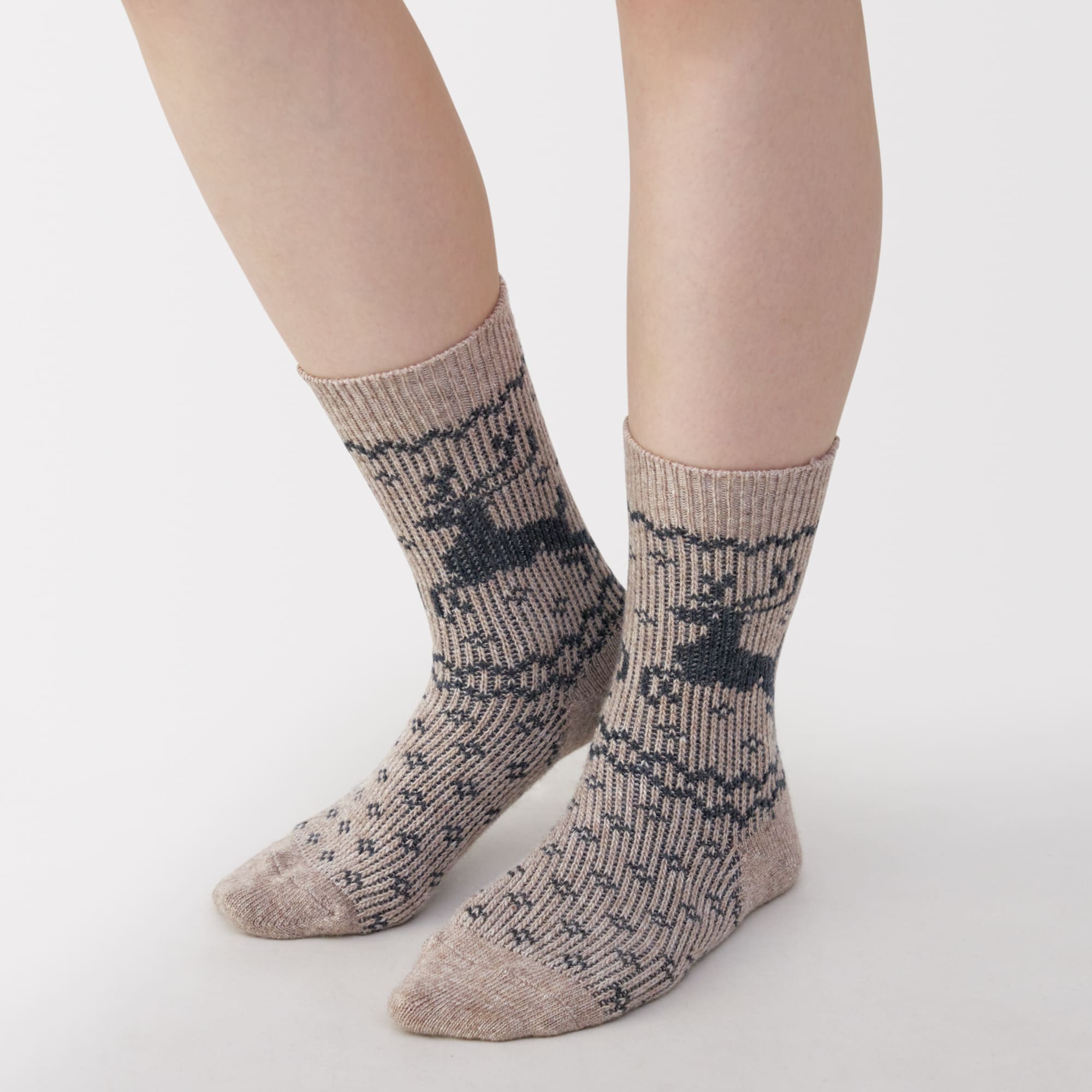 婦人　足なり直角　履き口やわらか　ウール混トナカイ柄　靴下